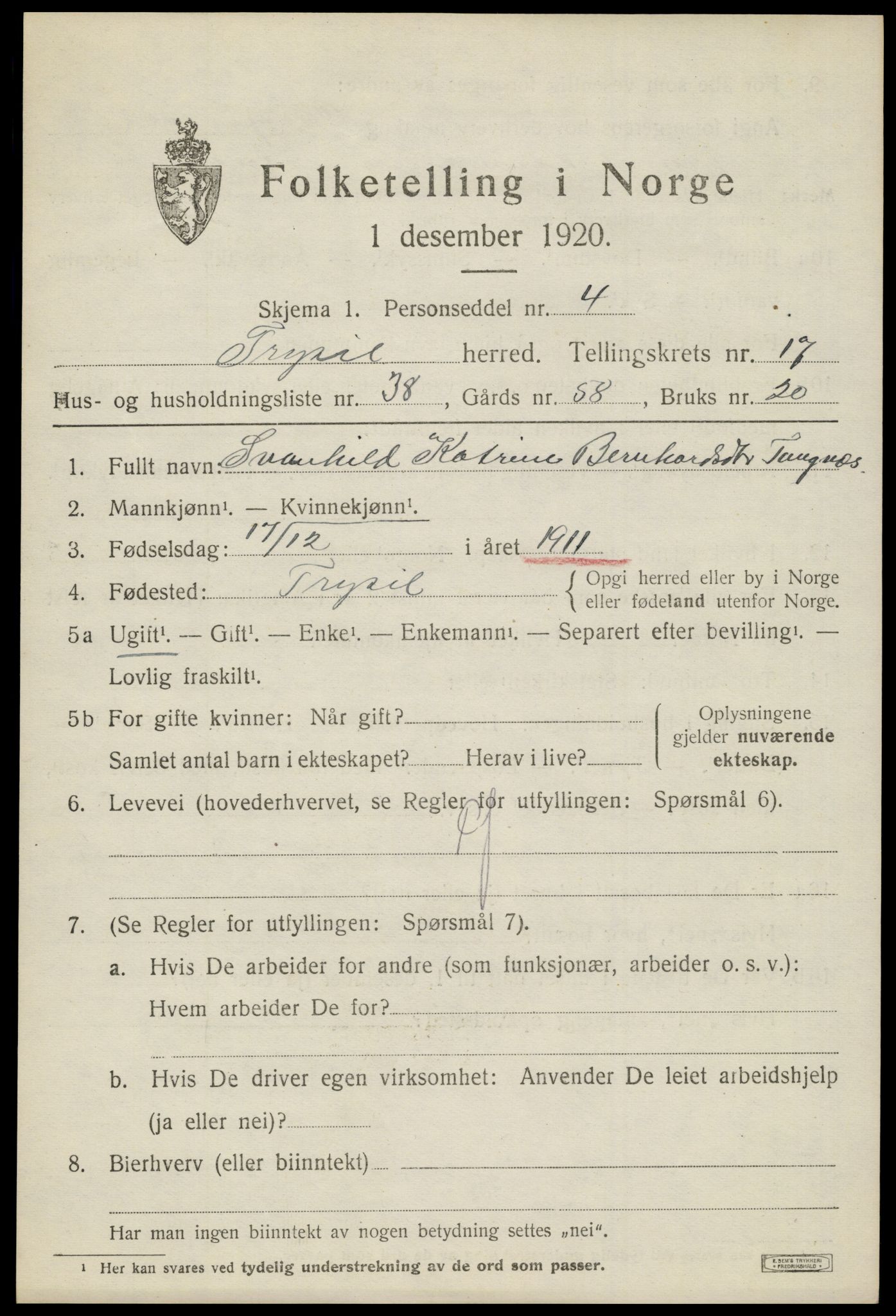 SAH, 1920 census for Trysil, 1920, p. 10641