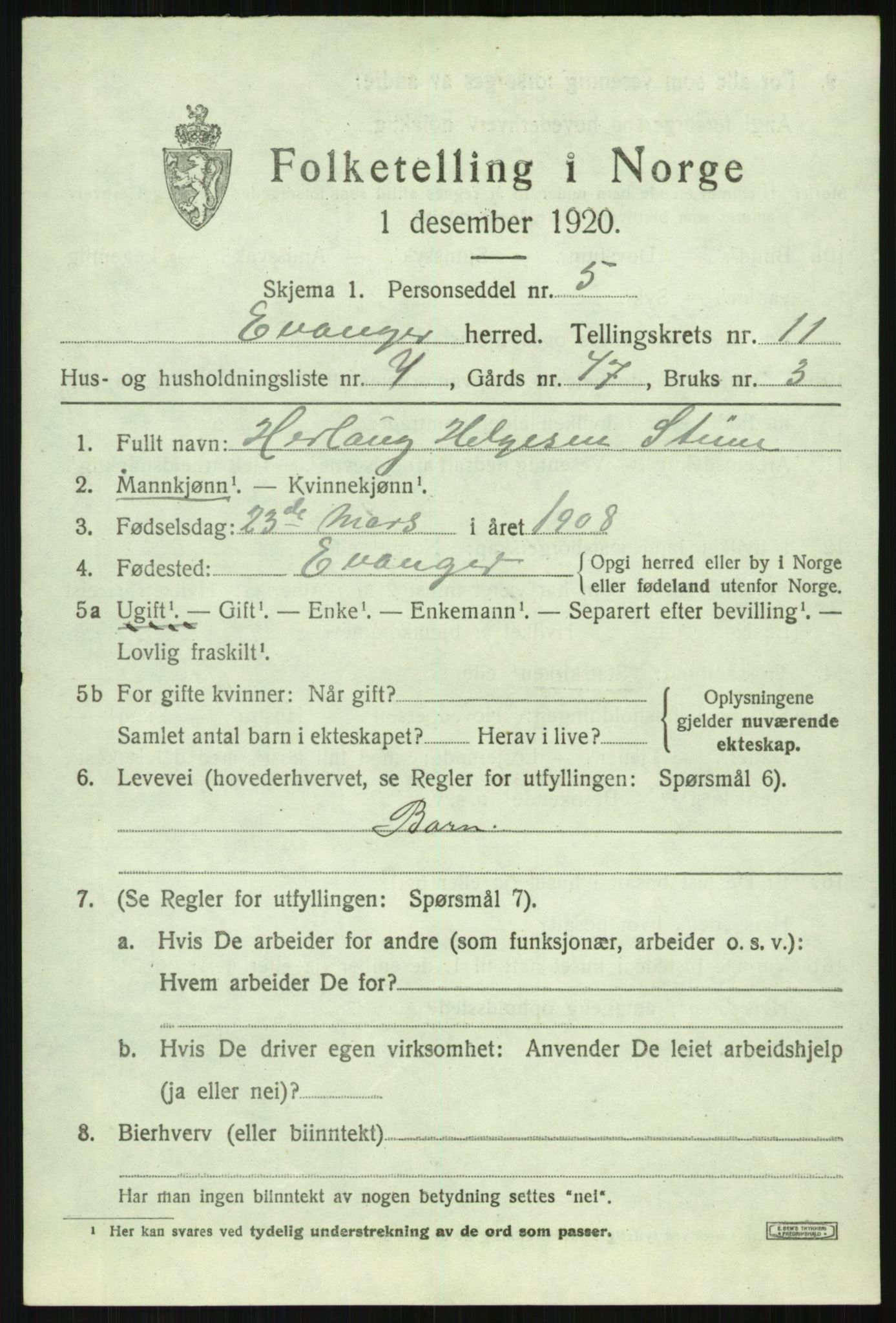 SAB, 1920 census for Evanger, 1920, p. 3641