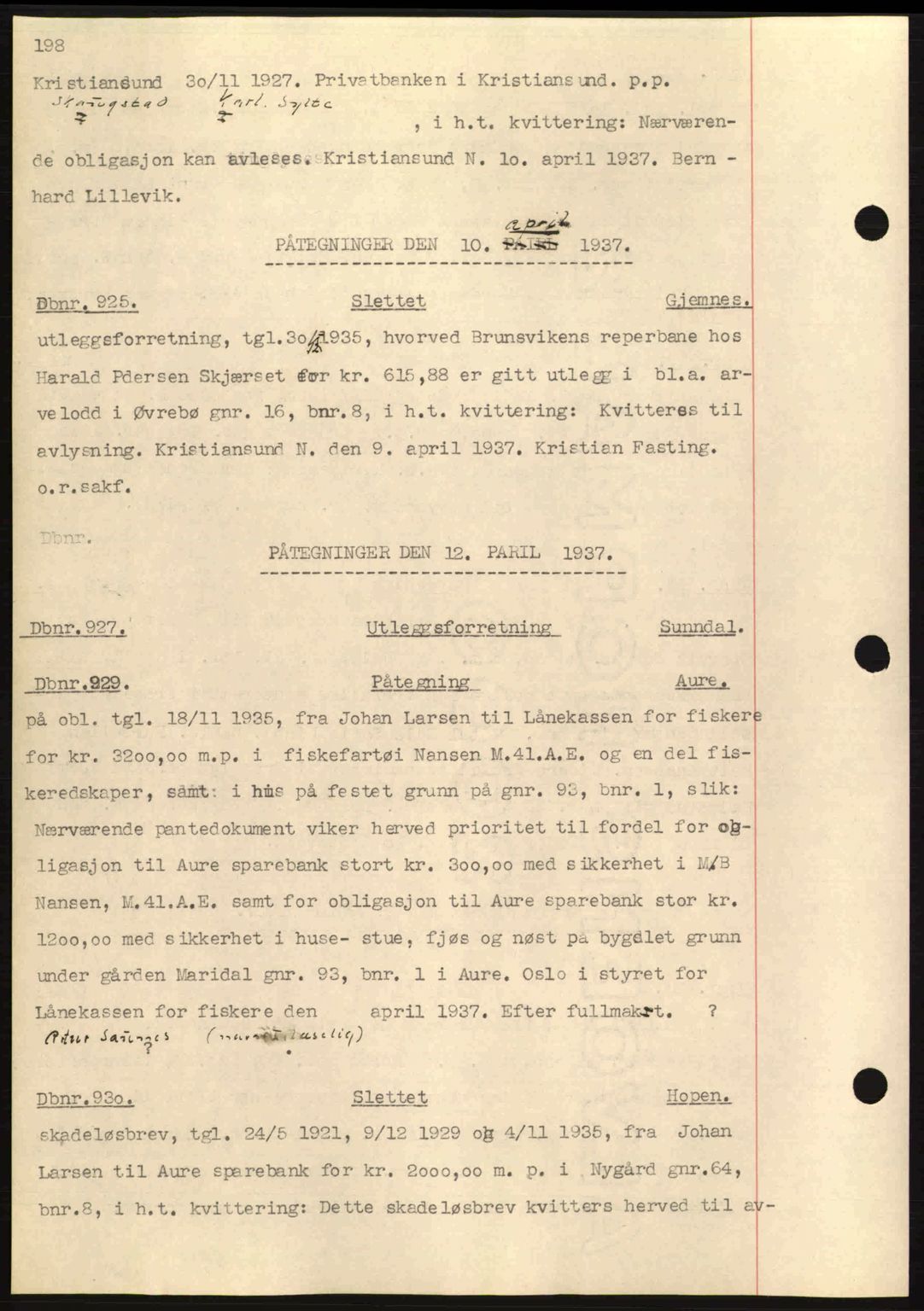 Nordmøre sorenskriveri, AV/SAT-A-4132/1/2/2Ca: Mortgage book no. C80, 1936-1939, Diary no: : 925/1937