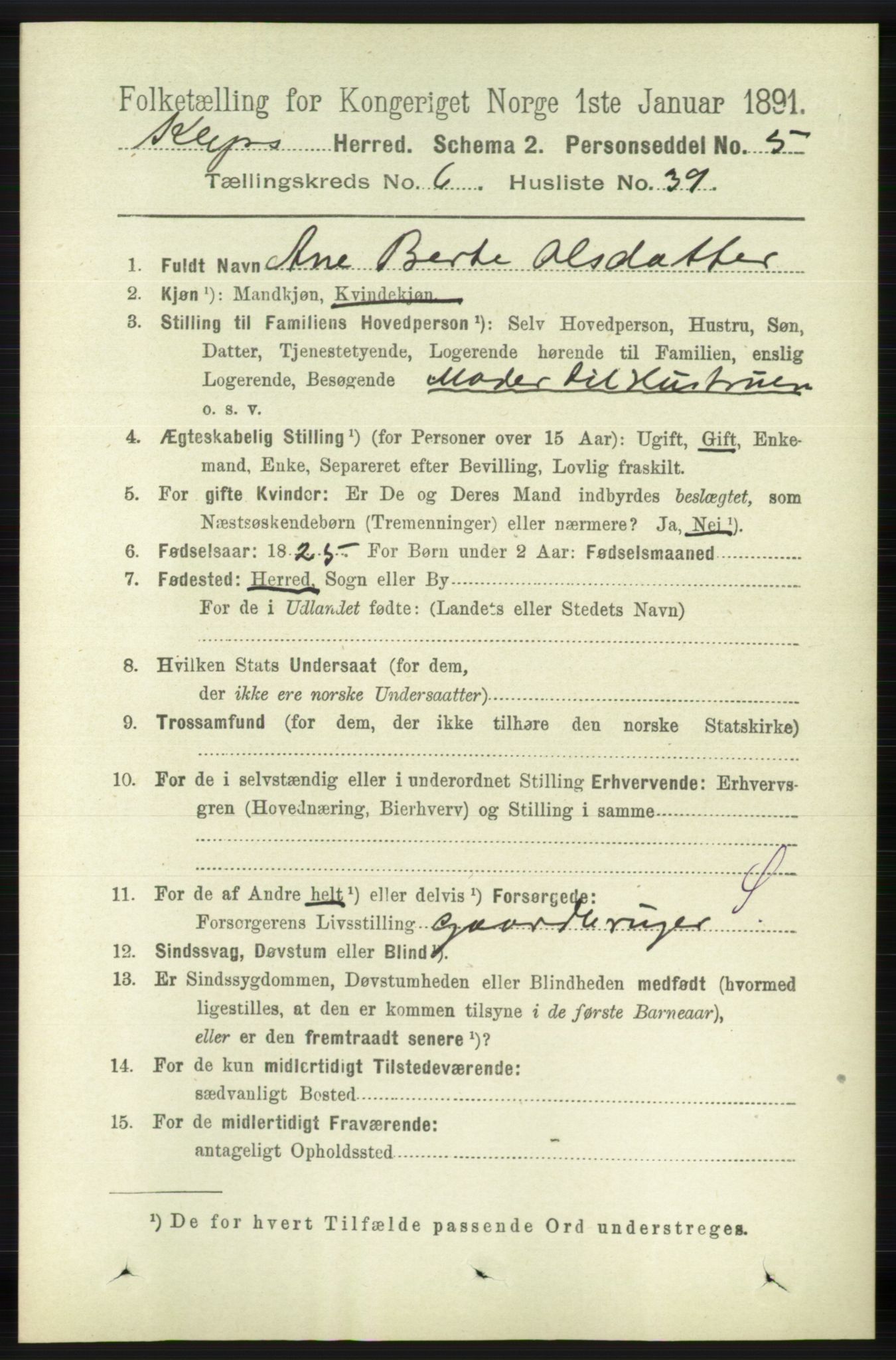 RA, 1891 census for 1120 Klepp, 1891, p. 1960