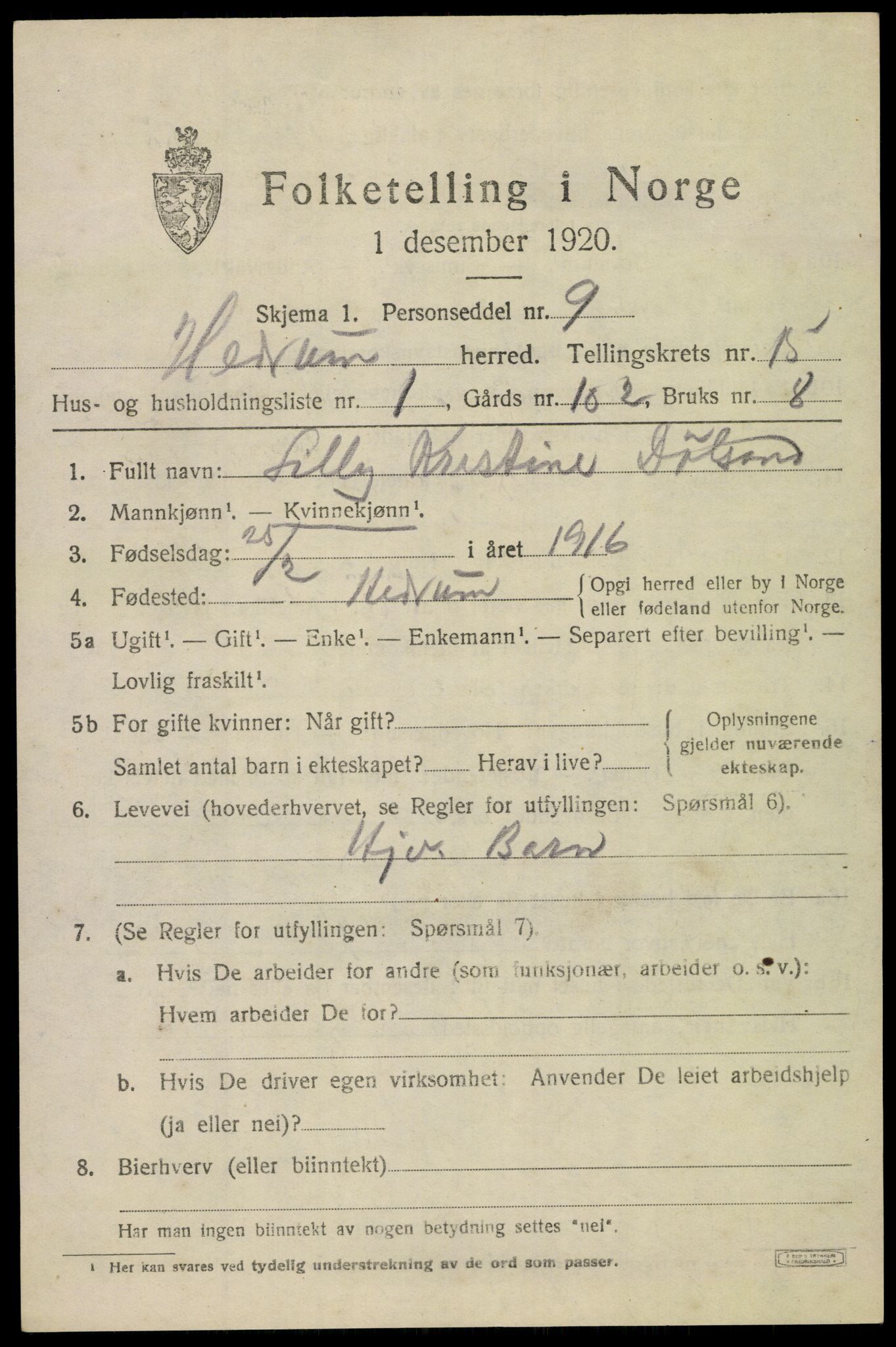 SAKO, 1920 census for Hedrum, 1920, p. 9899