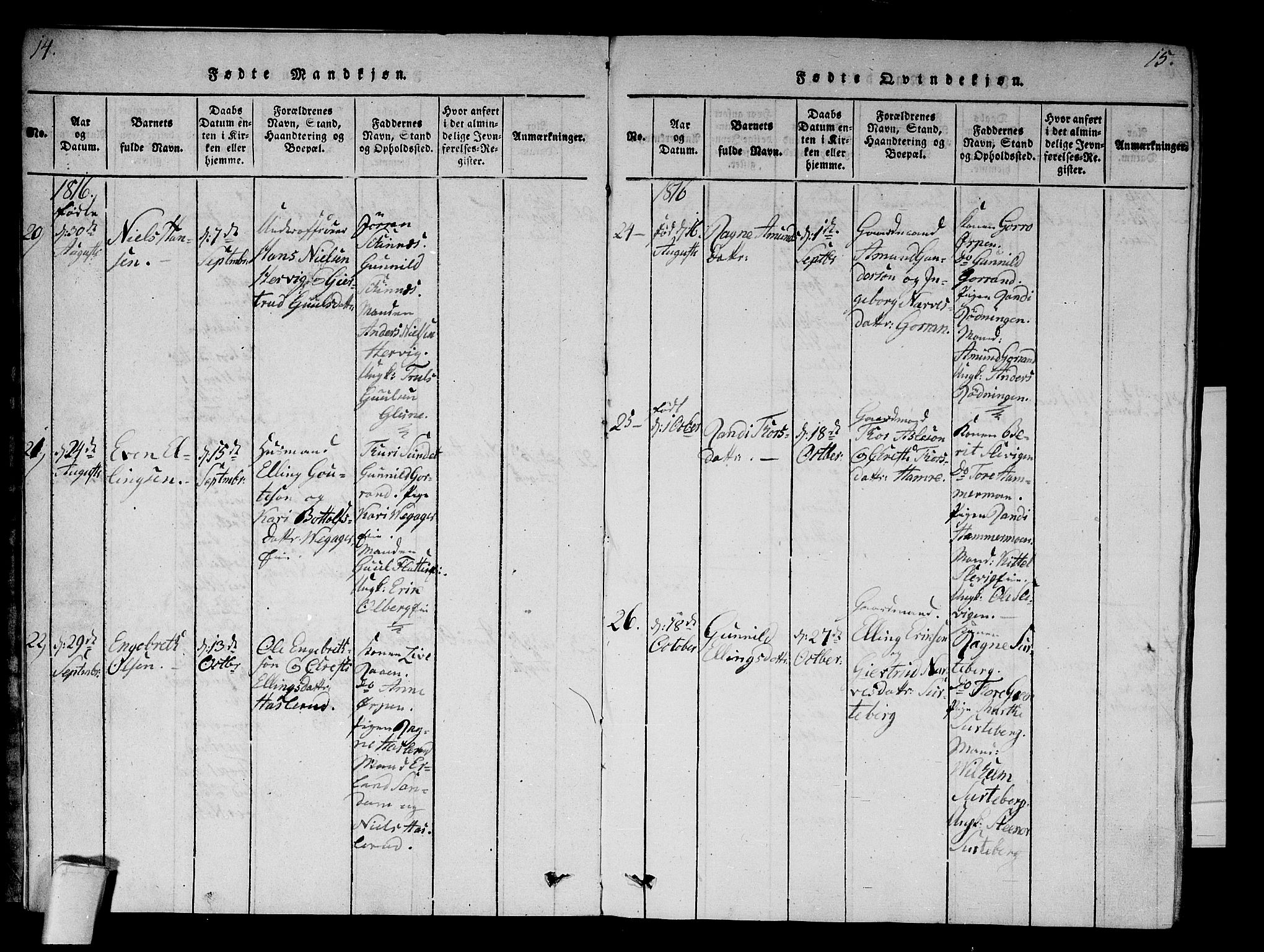 Krødsherad kirkebøker, AV/SAKO-A-19/F/Fa/L0001: Parish register (official) no. 1, 1815-1829, p. 14-15