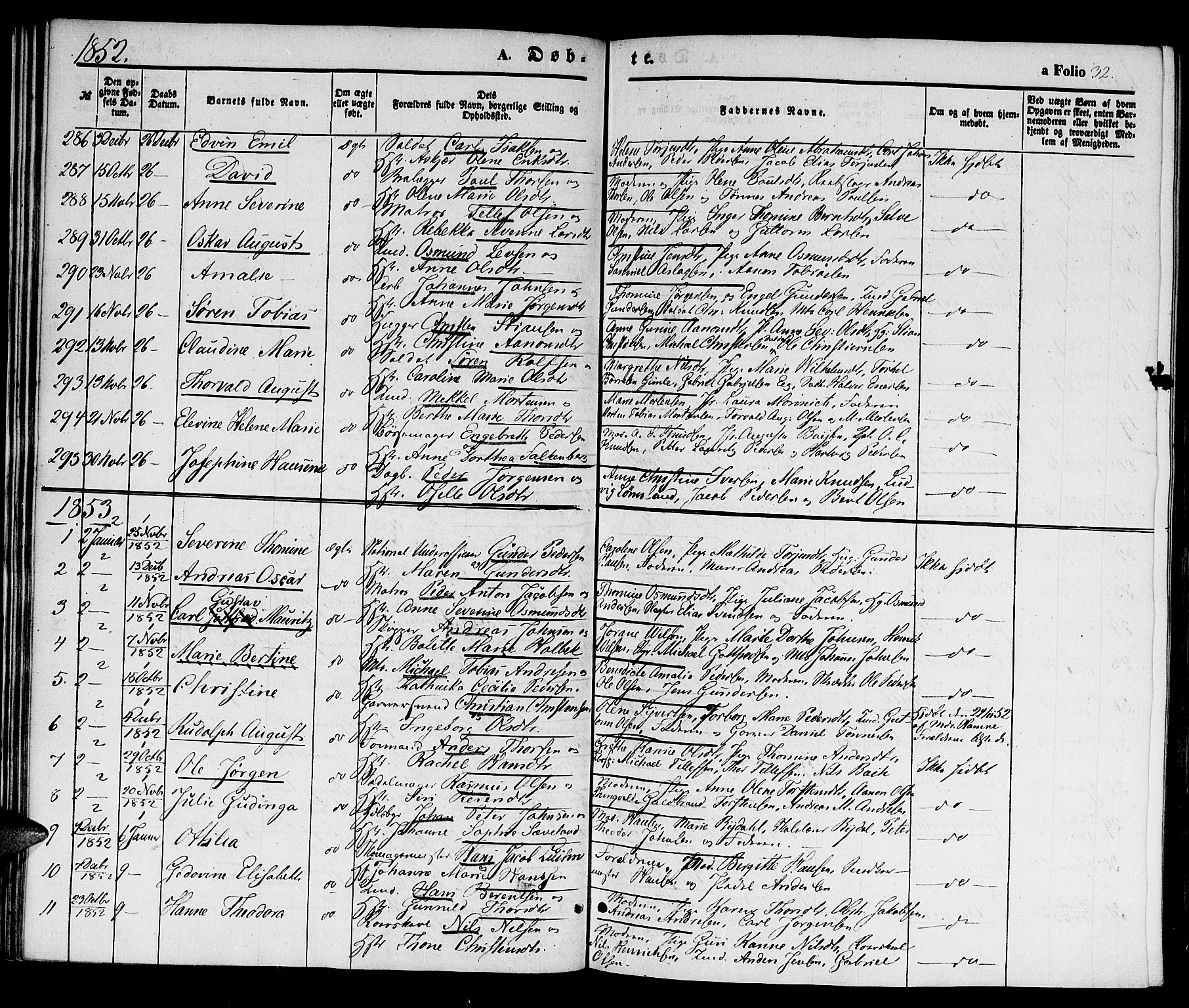 Kristiansand domprosti, SAK/1112-0006/F/Fb/L0011: Parish register (copy) no. B 11, 1851-1861, p. 32