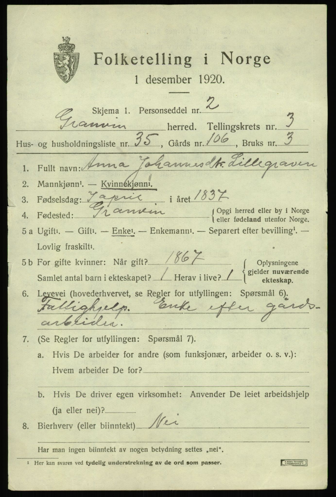 SAB, 1920 census for Granvin, 1920, p. 1540