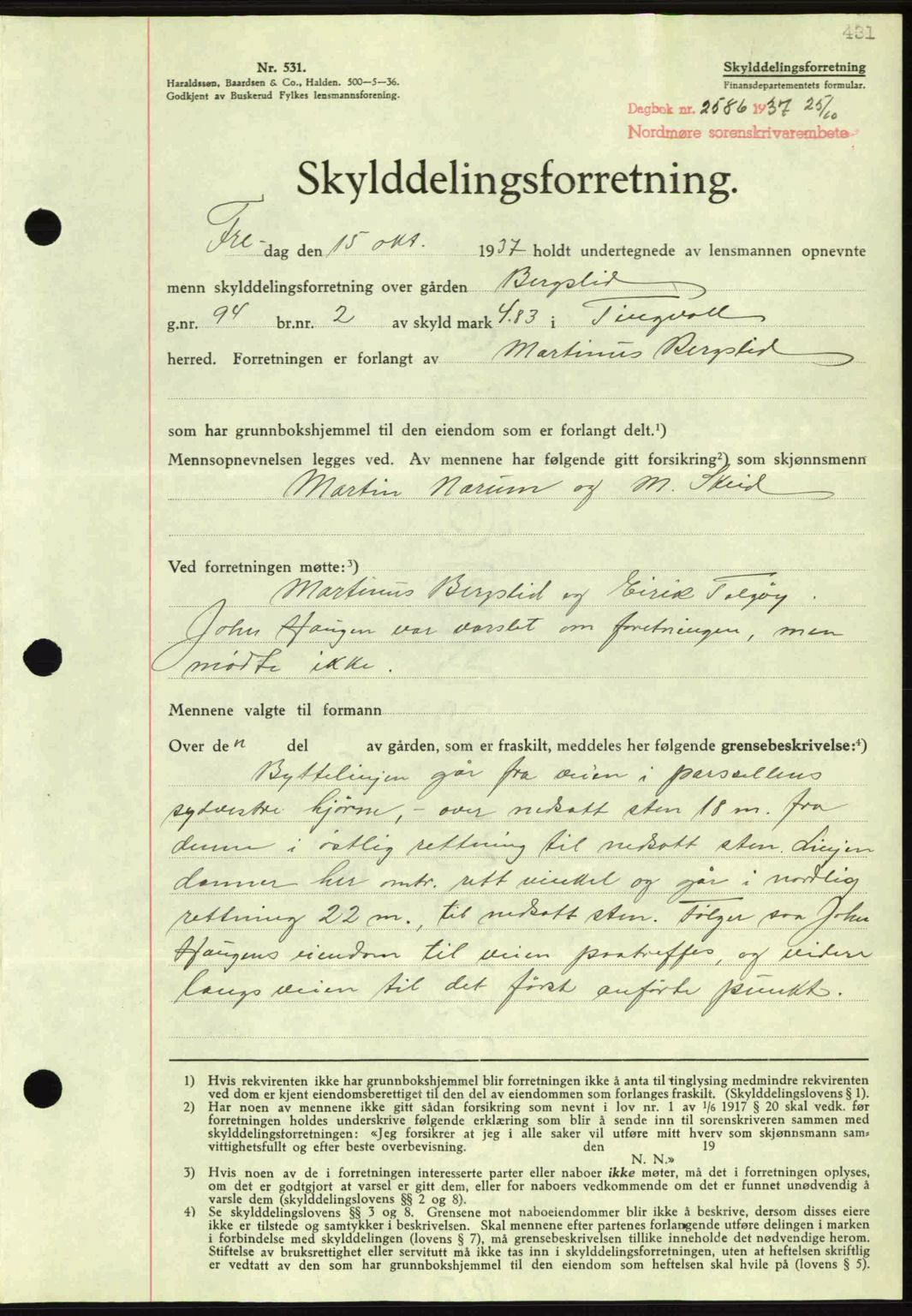 Nordmøre sorenskriveri, AV/SAT-A-4132/1/2/2Ca: Mortgage book no. A82, 1937-1938, Diary no: : 2586/1937