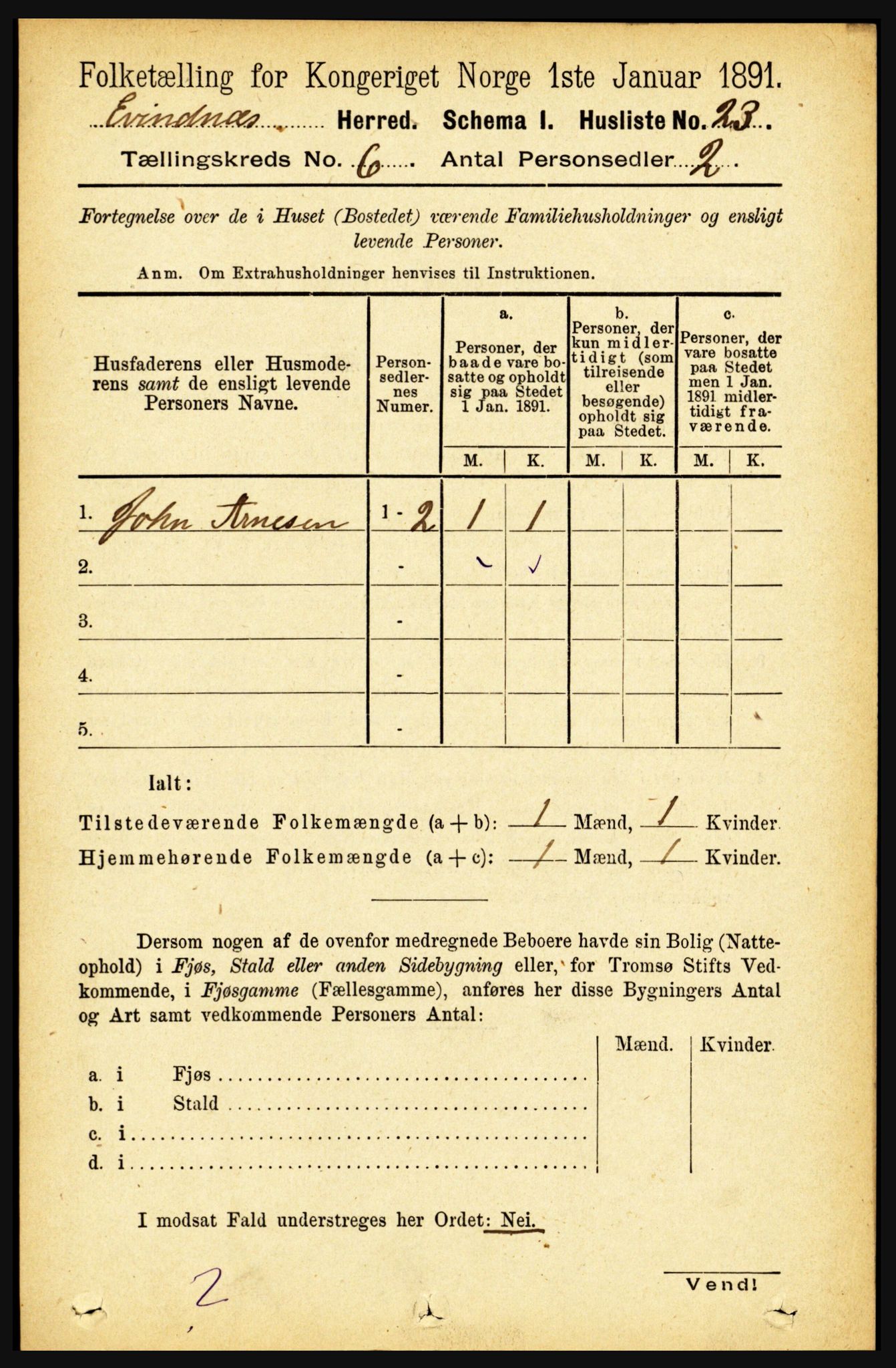 RA, 1891 census for 1853 Evenes, 1891, p. 1907