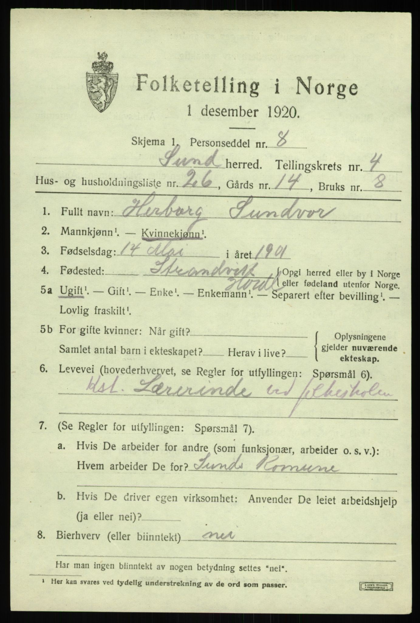 SAB, 1920 census for Sund, 1920, p. 2853
