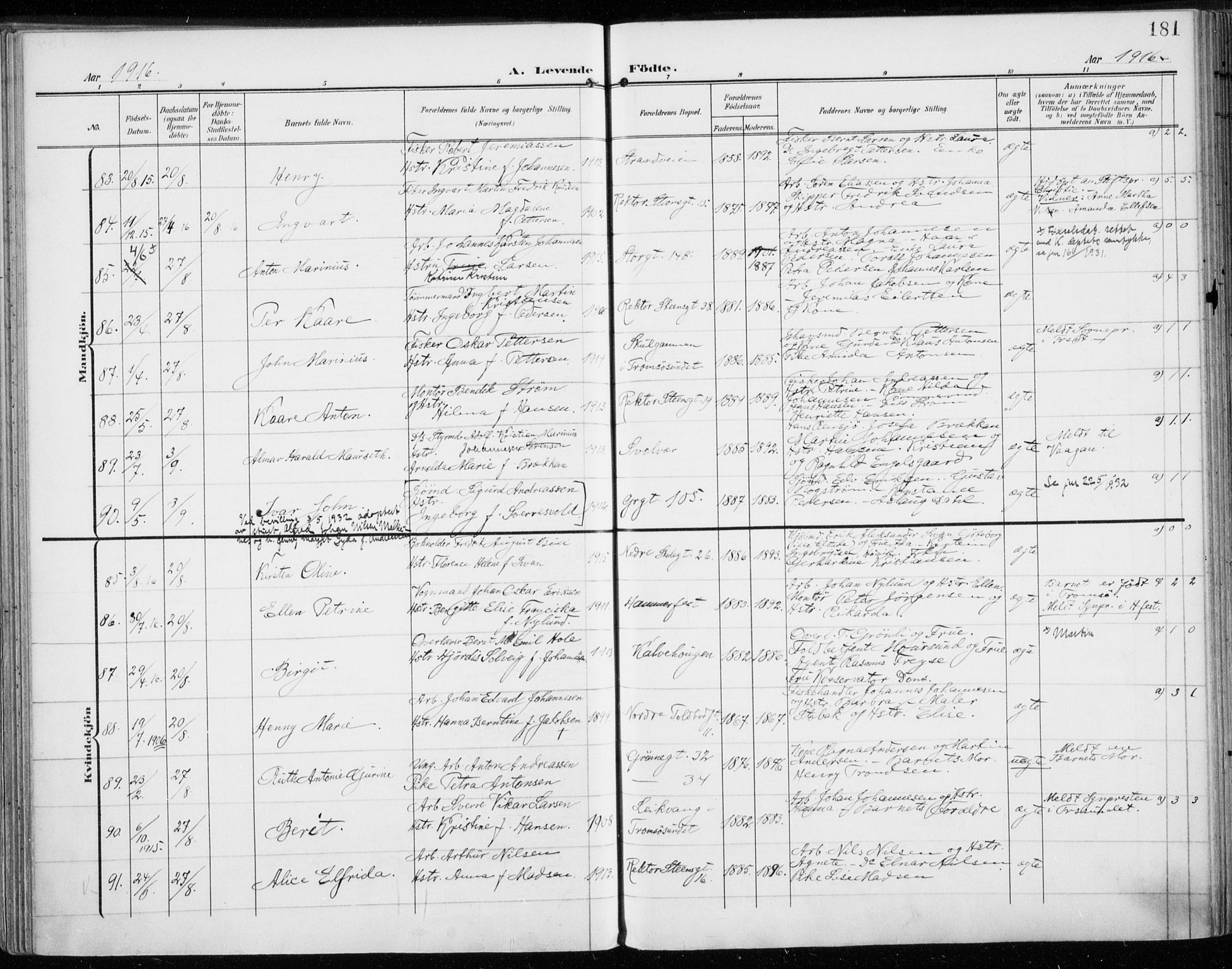 Tromsø sokneprestkontor/stiftsprosti/domprosti, AV/SATØ-S-1343/G/Ga/L0017kirke: Parish register (official) no. 17, 1907-1917, p. 181