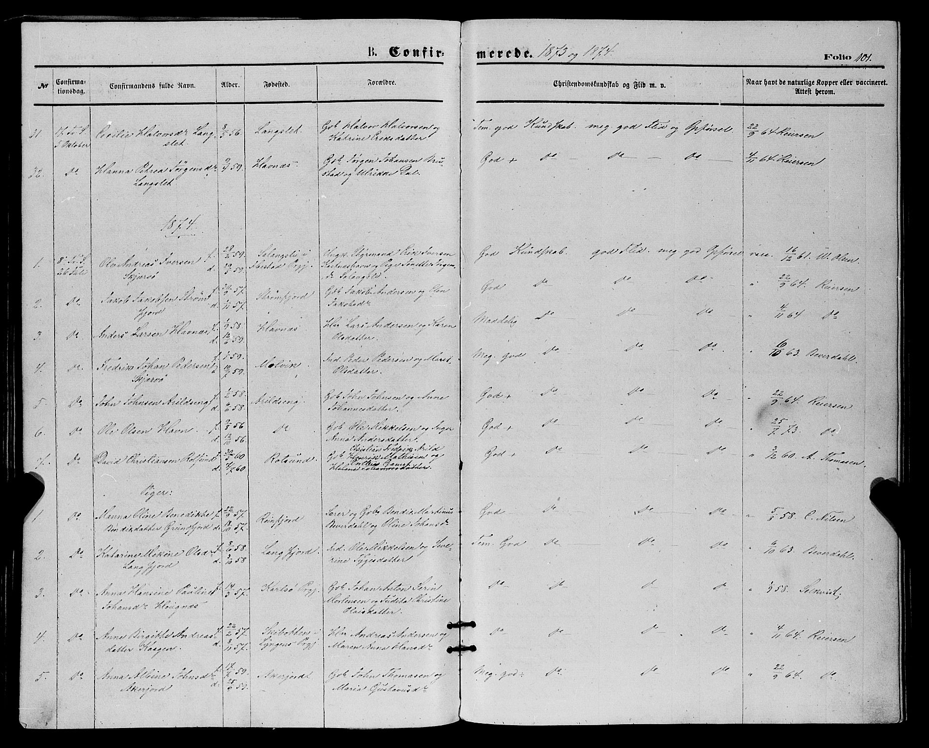 Skjervøy sokneprestkontor, SATØ/S-1300/H/Ha/Haa/L0008kirke: Parish register (official) no. 8, 1871-1877, p. 101