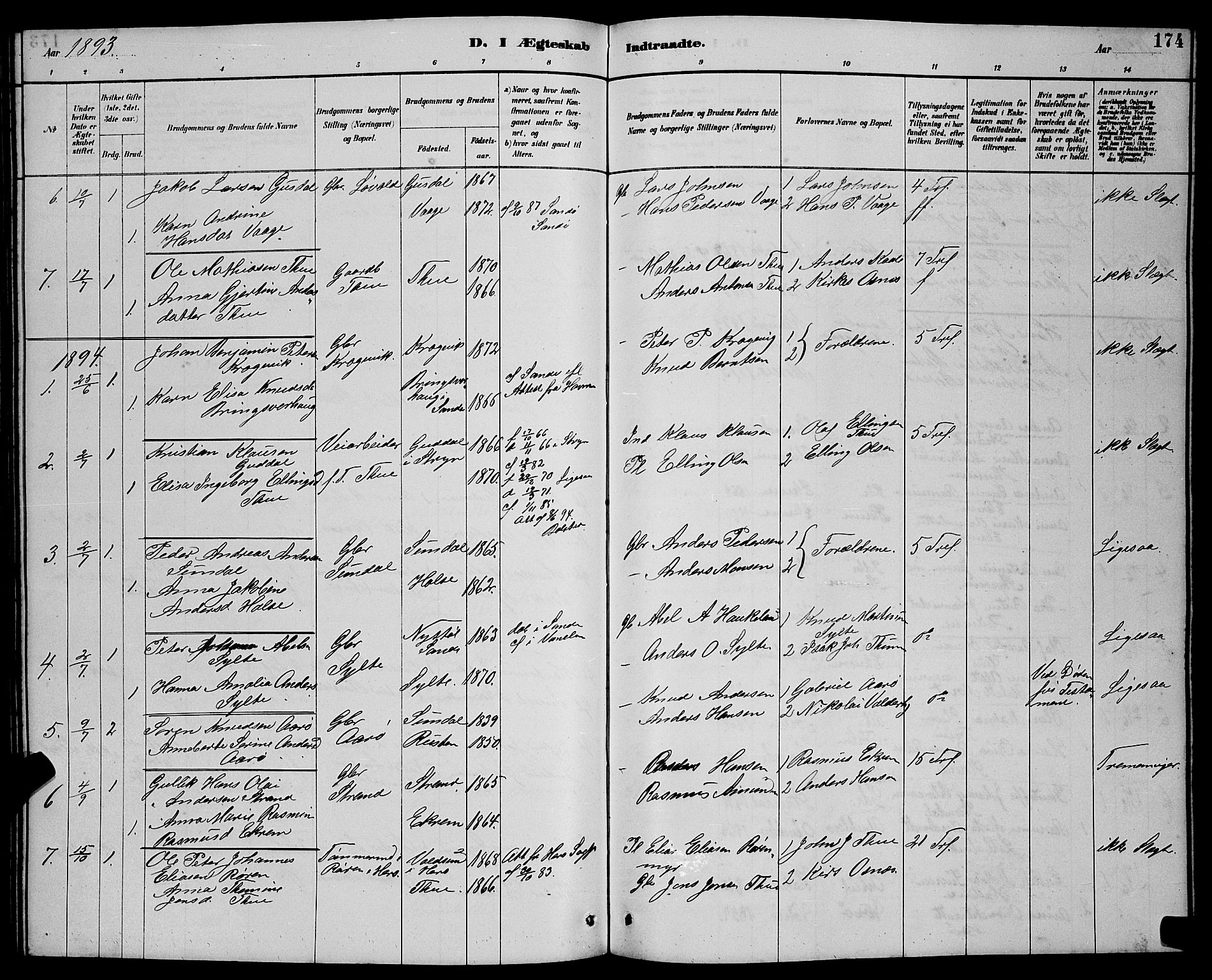 Ministerialprotokoller, klokkerbøker og fødselsregistre - Møre og Romsdal, AV/SAT-A-1454/501/L0017: Parish register (copy) no. 501C03, 1885-1901, p. 174