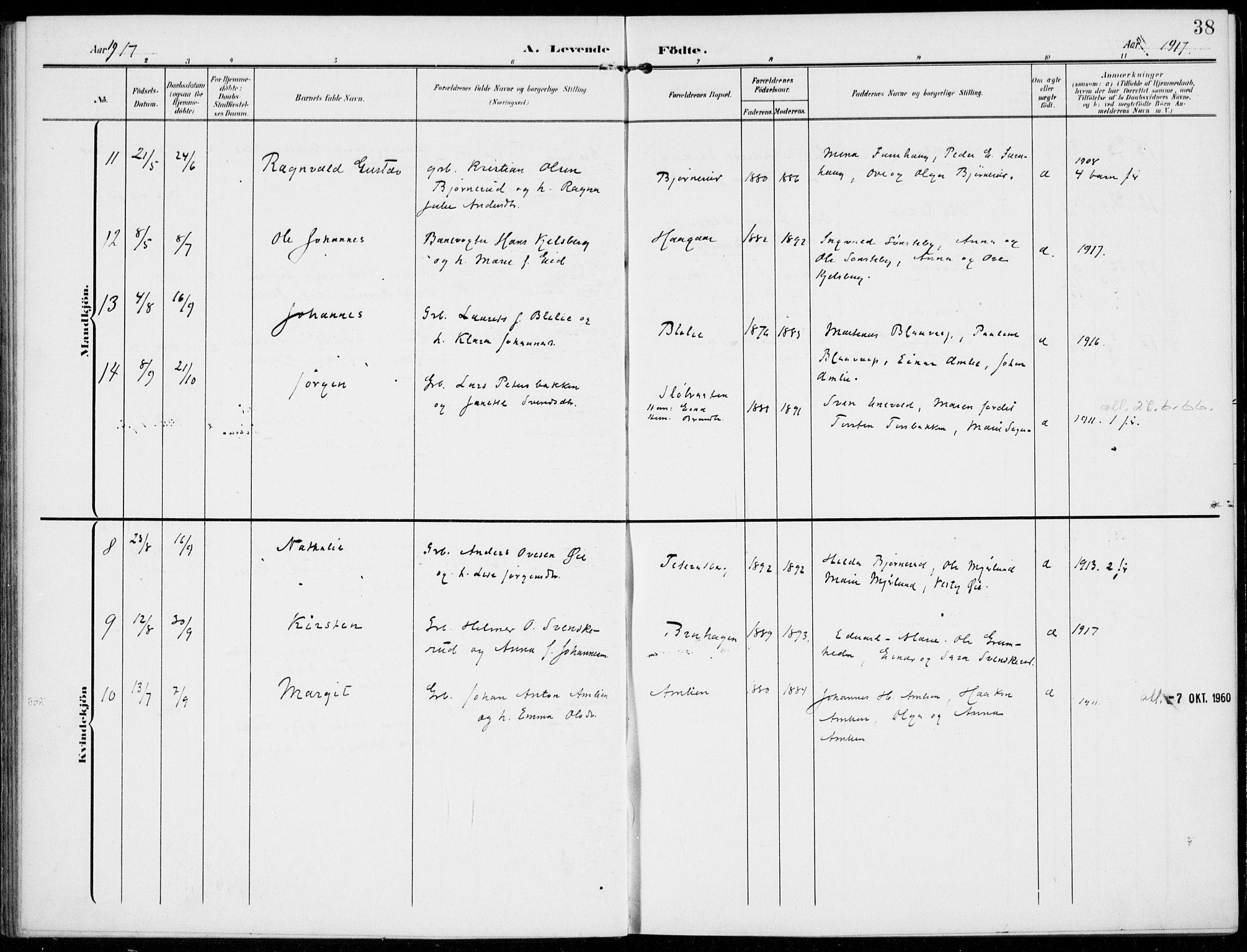 Kolbu prestekontor, SAH/PREST-110/H/Ha/Haa/L0001: Parish register (official) no. 1, 1907-1923, p. 38