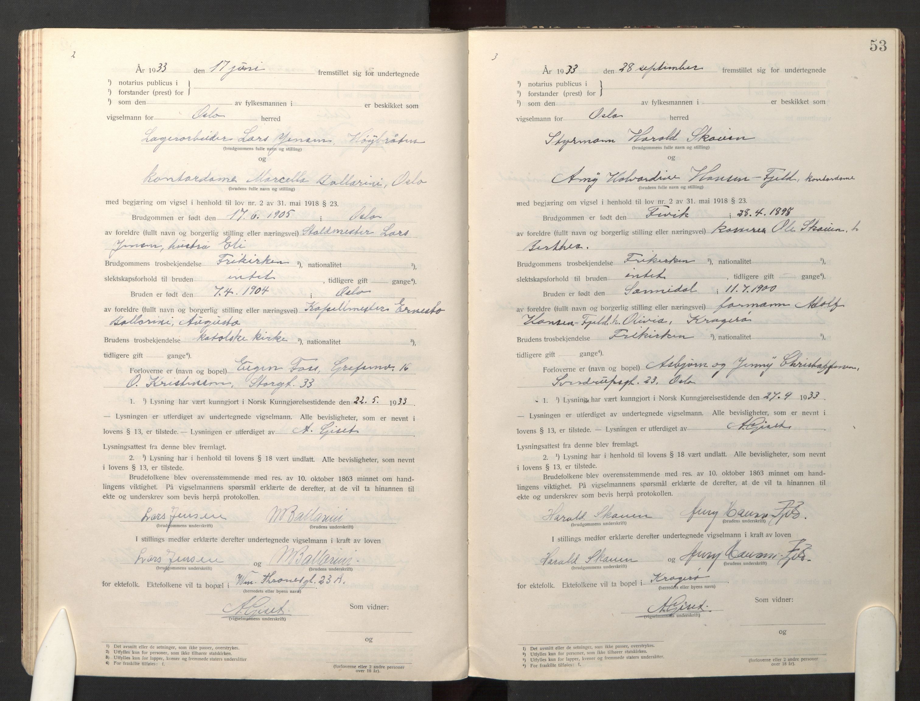 Den evangelisk-lutherske frikirke østre menighet, Oslo, AV/SAO-PAO-0245/F/L0005: Marriage register (dissenter) no. 5, 1920-1941, p. 53