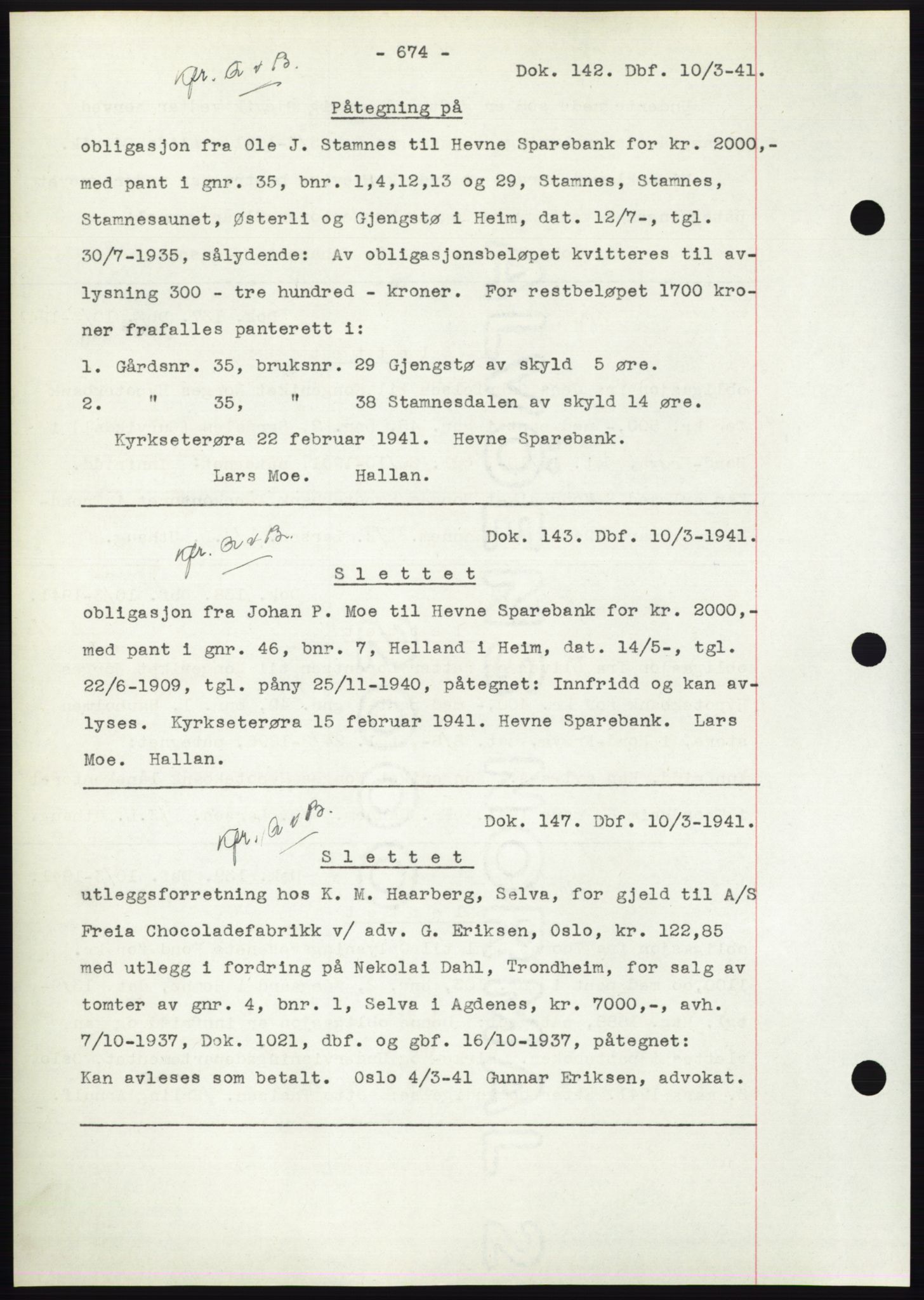 Hitra sorenskriveri, AV/SAT-A-0018/2/2C/2Ca: Mortgage book no. C1, 1936-1945, Diary no: : 142/1941