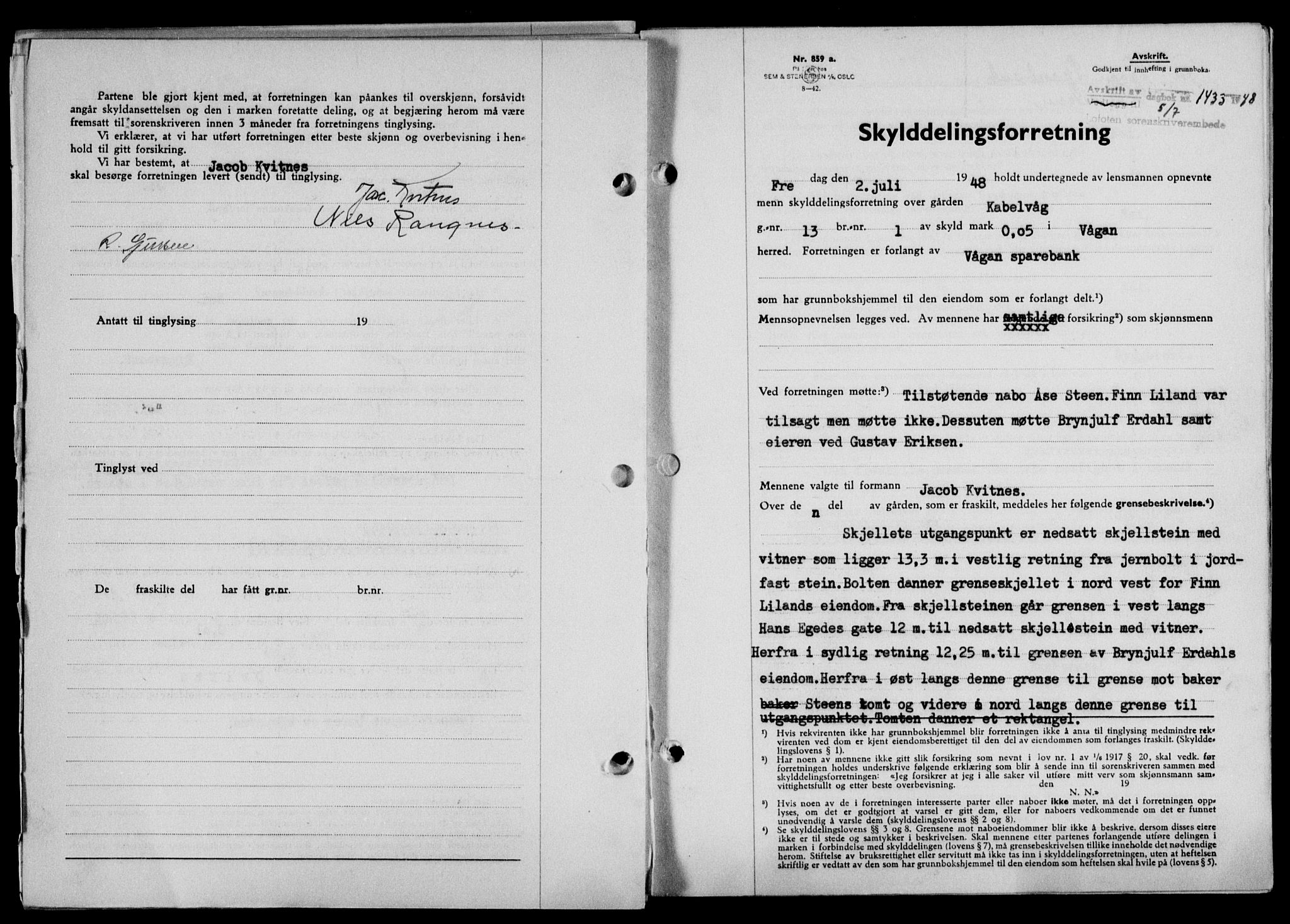 Lofoten sorenskriveri, SAT/A-0017/1/2/2C/L0018a: Mortgage book no. 18a, 1948-1948, Diary no: : 1433/1948