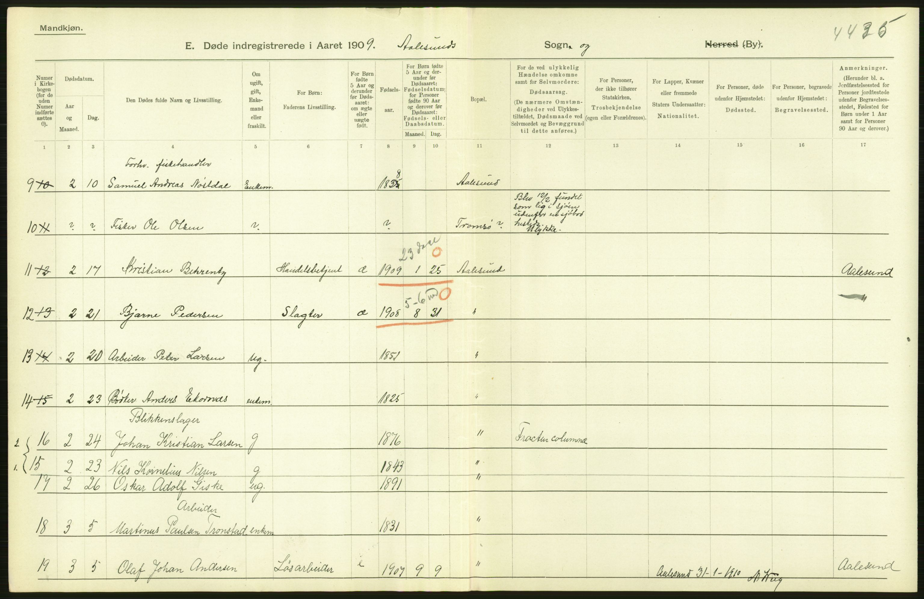 Statistisk sentralbyrå, Sosiodemografiske emner, Befolkning, AV/RA-S-2228/D/Df/Dfa/Dfag/L0038: Romsdals amt: Døde. Bygder og byer., 1909, p. 66