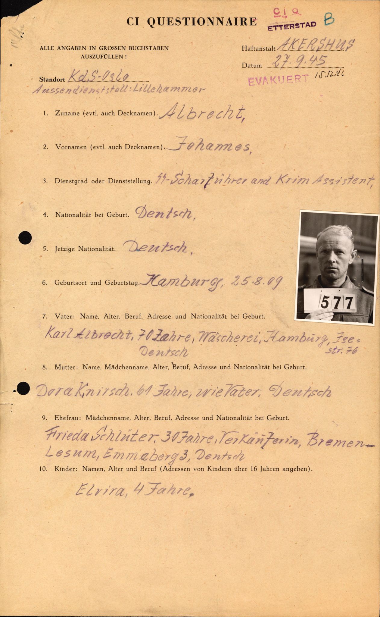 Forsvaret, Forsvarets overkommando II, AV/RA-RAFA-3915/D/Db/L0001: CI Questionaires. Tyske okkupasjonsstyrker i Norge. Tyskere., 1945-1946, p. 147