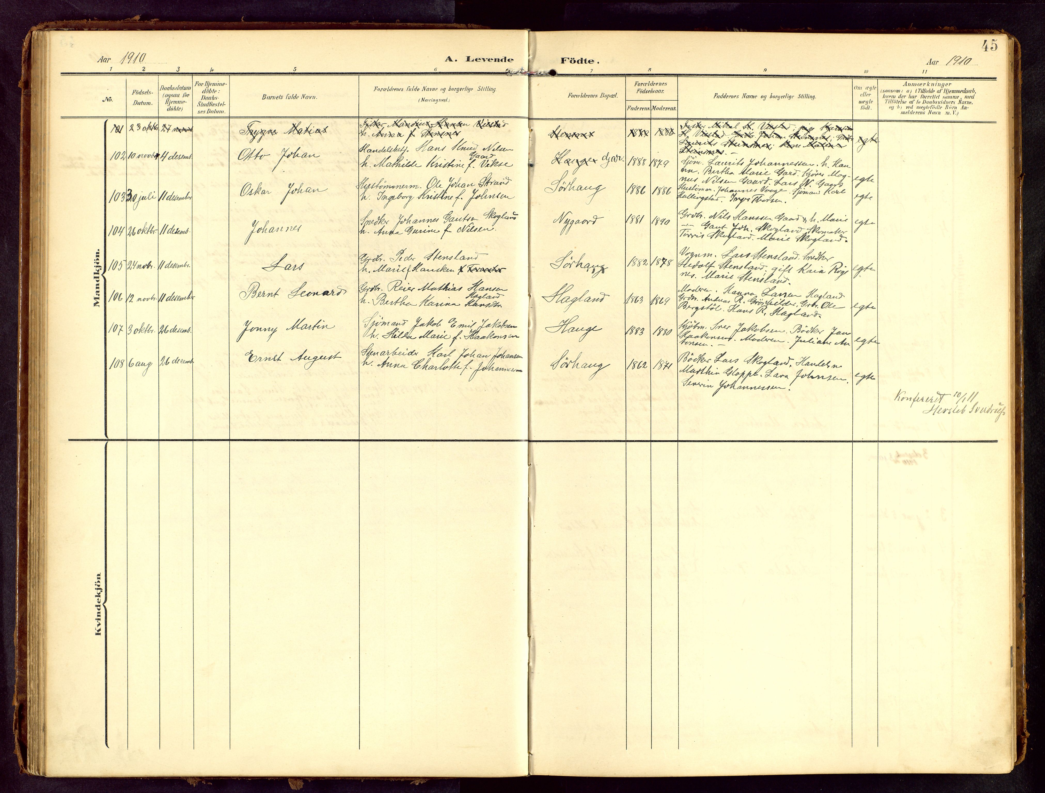 Haugesund sokneprestkontor, SAST/A -101863/H/Ha/Hab/L0006: Parish register (copy) no. B 6, 1906-1944, p. 45