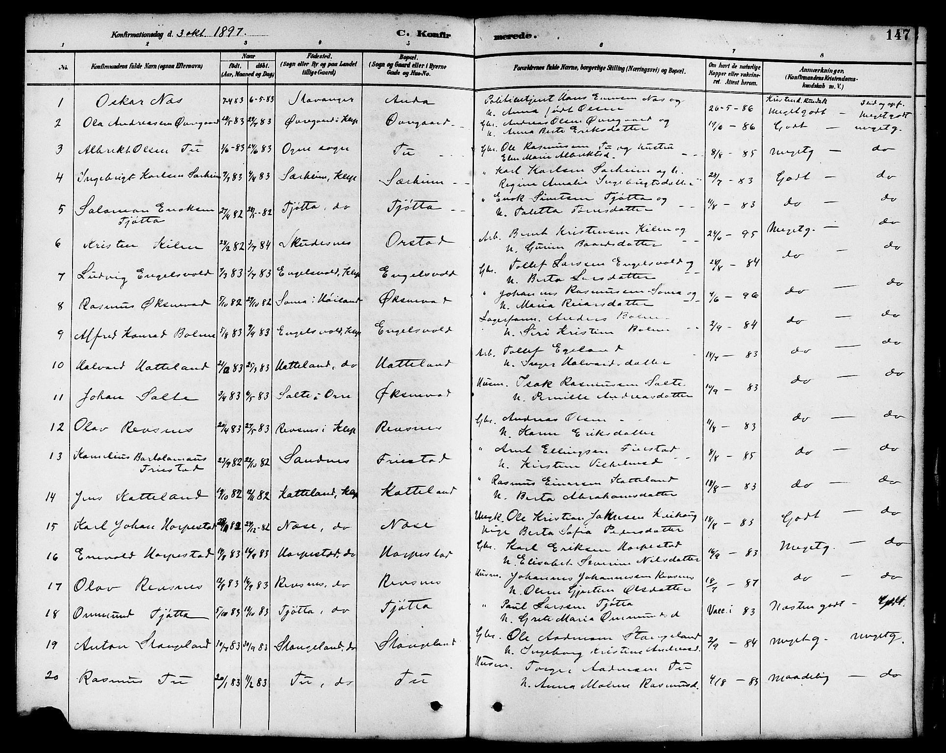 Klepp sokneprestkontor, SAST/A-101803/001/3/30BB/L0004: Parish register (copy) no. B 4, 1889-1914, p. 147