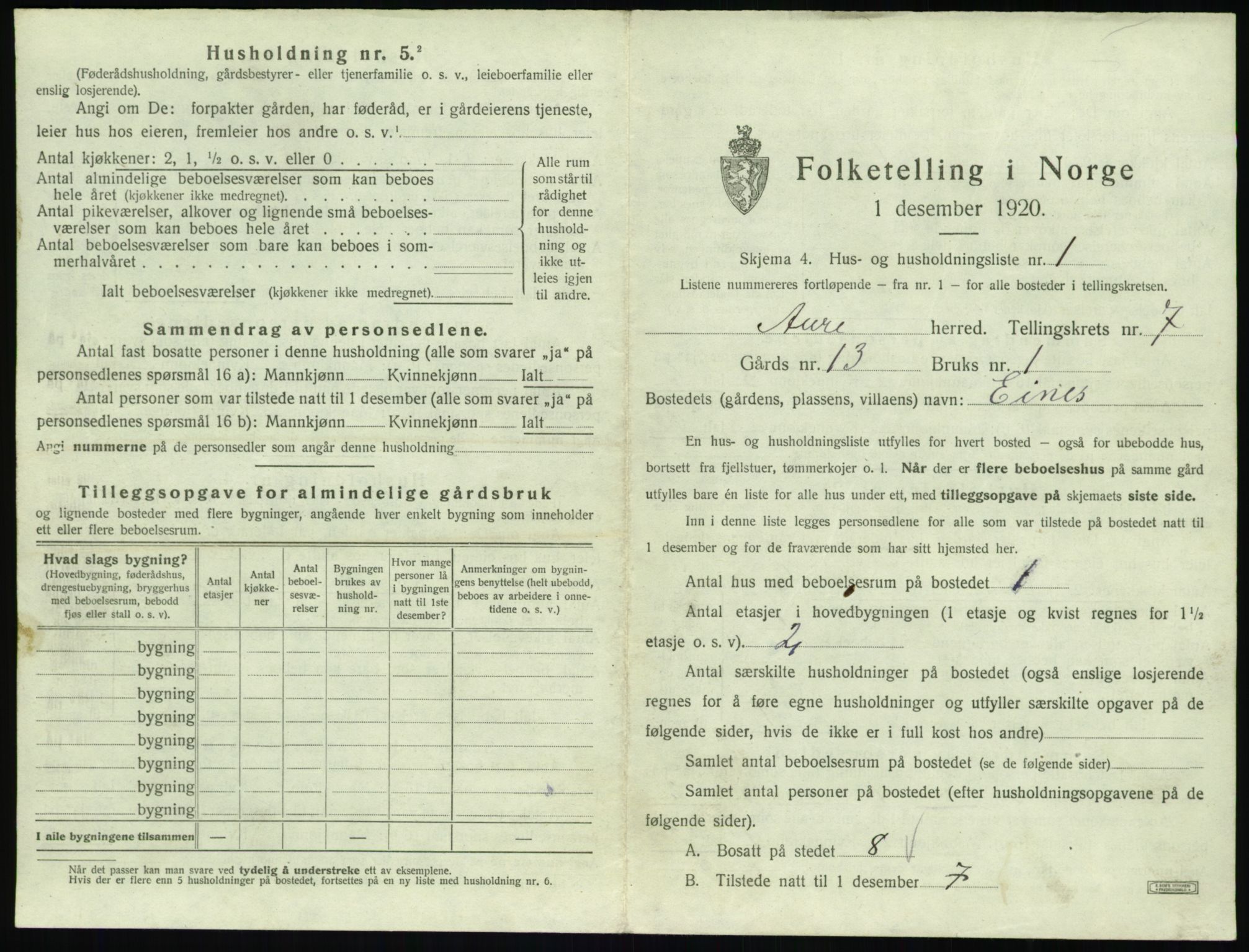 SAT, 1920 census for Aure, 1920, p. 392