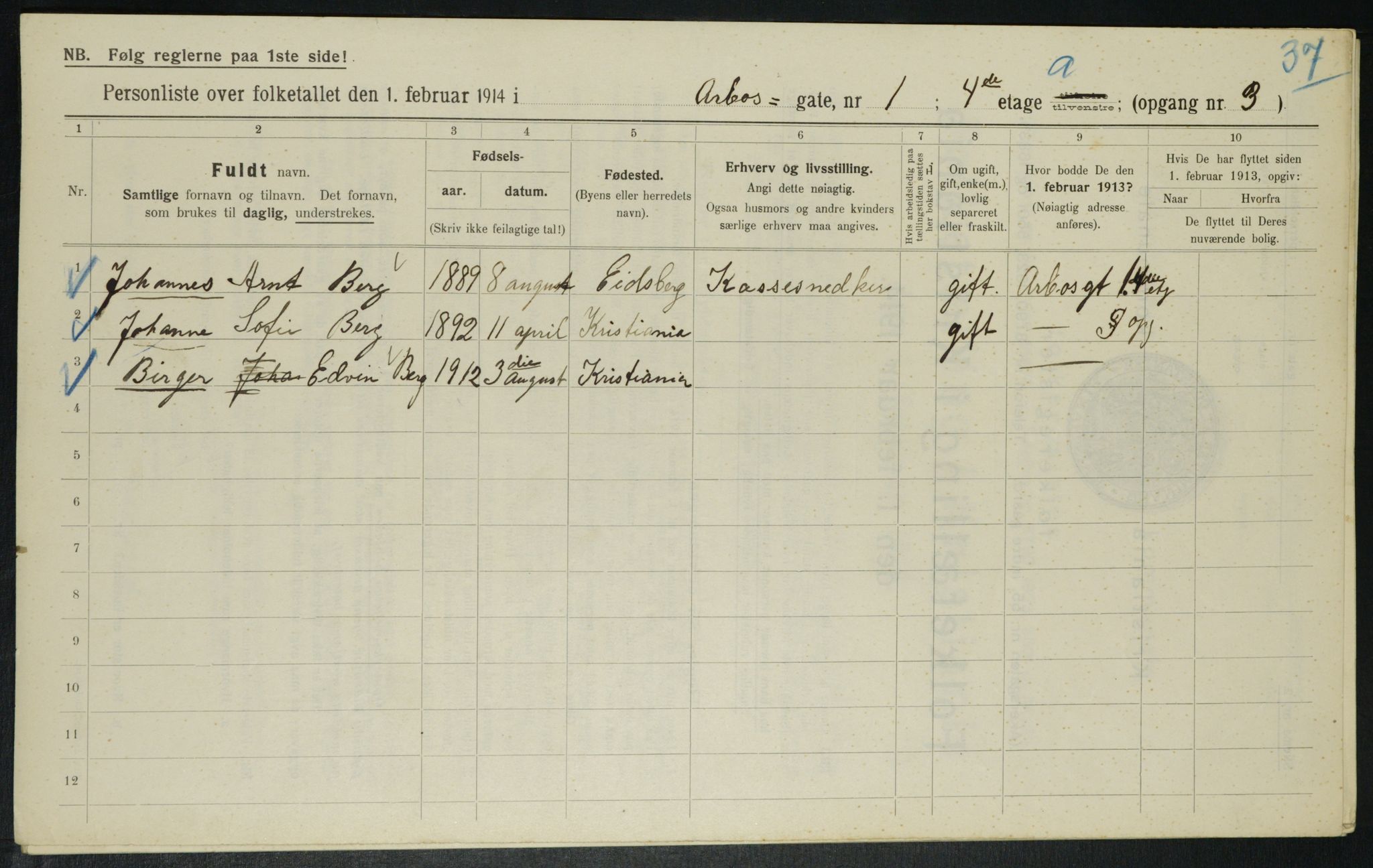 OBA, Municipal Census 1914 for Kristiania, 1914, p. 1741