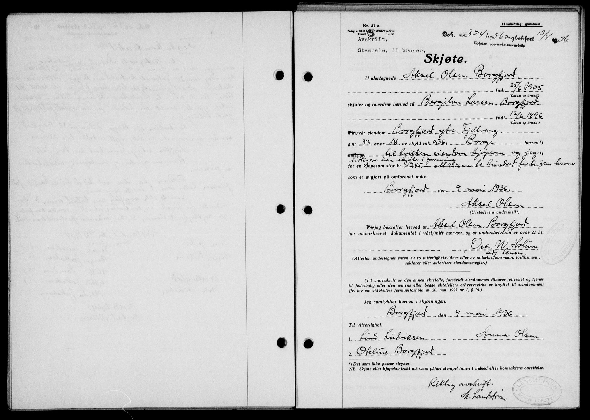 Lofoten sorenskriveri, SAT/A-0017/1/2/2C/L0033b: Mortgage book no. 33b, 1936-1936, Diary no: : 824/1936