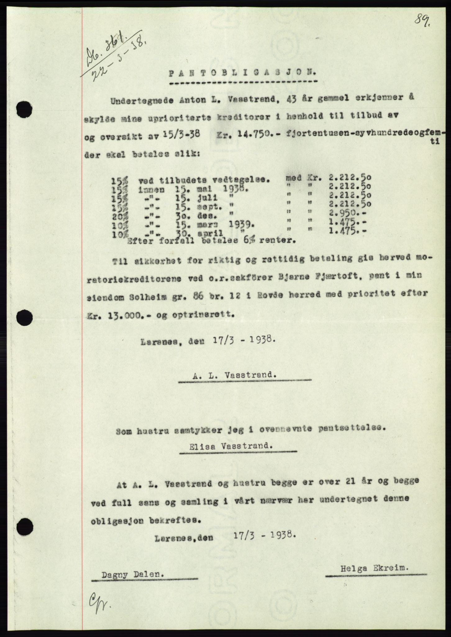 Søre Sunnmøre sorenskriveri, AV/SAT-A-4122/1/2/2C/L0065: Mortgage book no. 59, 1938-1938, Diary no: : 361/1938