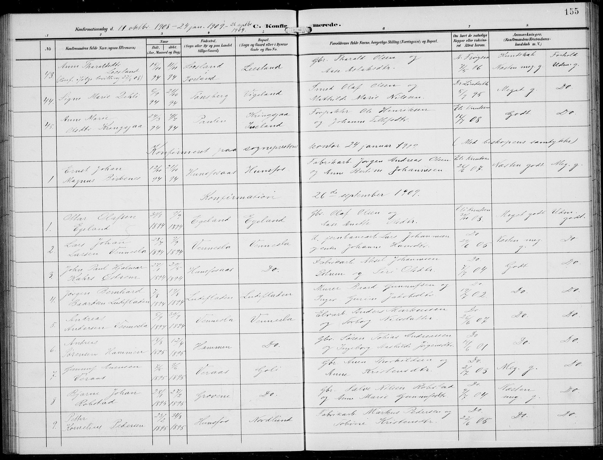 Vennesla sokneprestkontor, SAK/1111-0045/Fb/Fbb/L0005: Parish register (copy) no. B 5, 1903-1913, p. 155