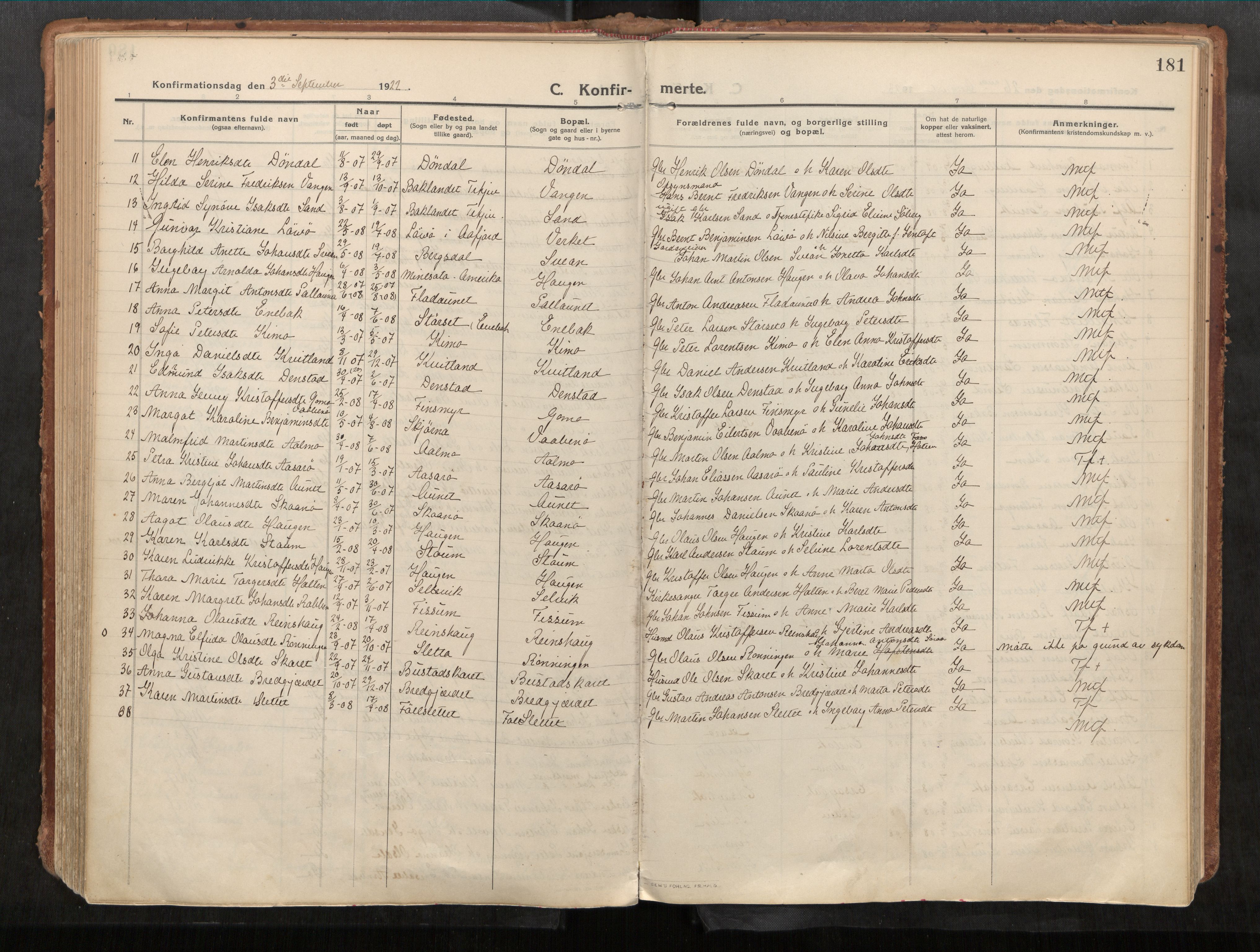 Stadsbygd sokneprestkontor, AV/SAT-A-1117/1/I/I1/I1a/L0001: Parish register (official) no. 1, 1911-1929, p. 181