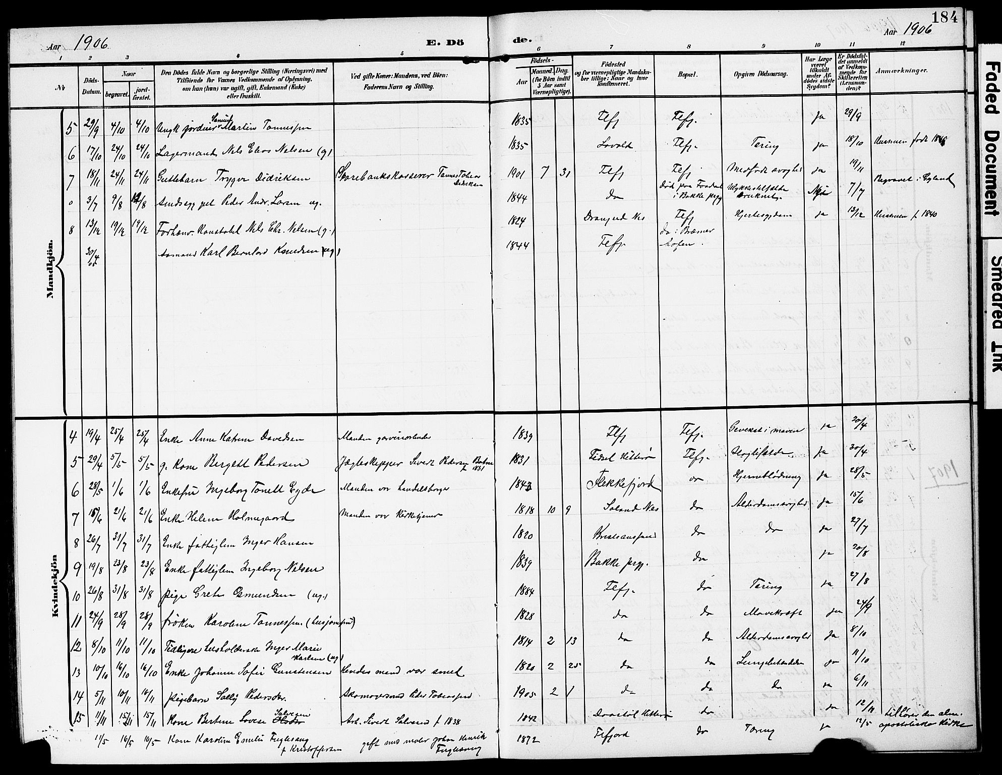 Flekkefjord sokneprestkontor, AV/SAK-1111-0012/F/Fb/Fba/L0001: Parish register (copy) no. B 1, 1903-1931, p. 184