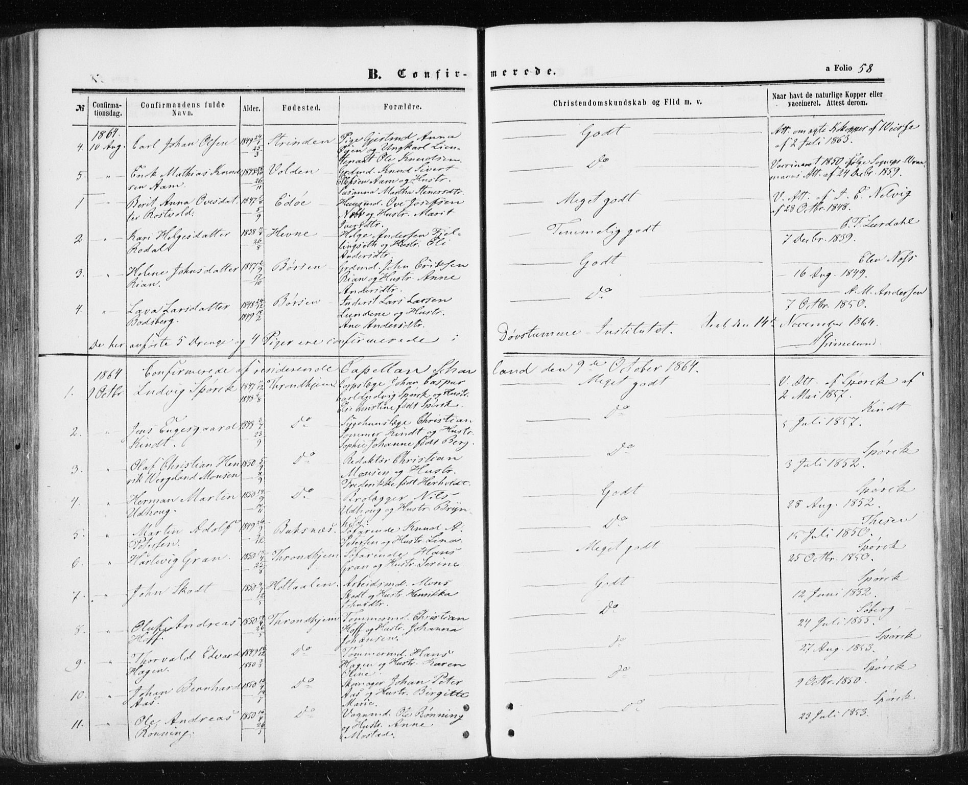 Ministerialprotokoller, klokkerbøker og fødselsregistre - Sør-Trøndelag, SAT/A-1456/601/L0053: Parish register (official) no. 601A21, 1857-1865, p. 58