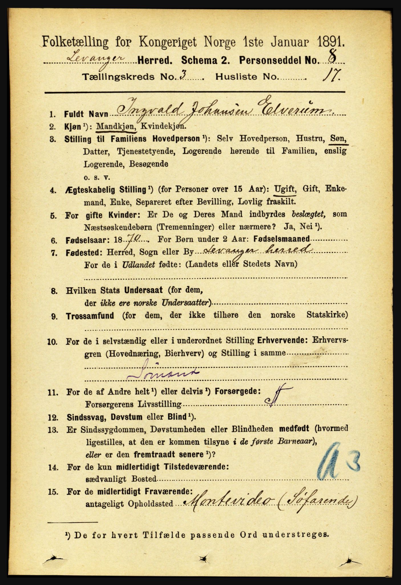 RA, 1891 census for 1720 Levanger, 1891, p. 1704