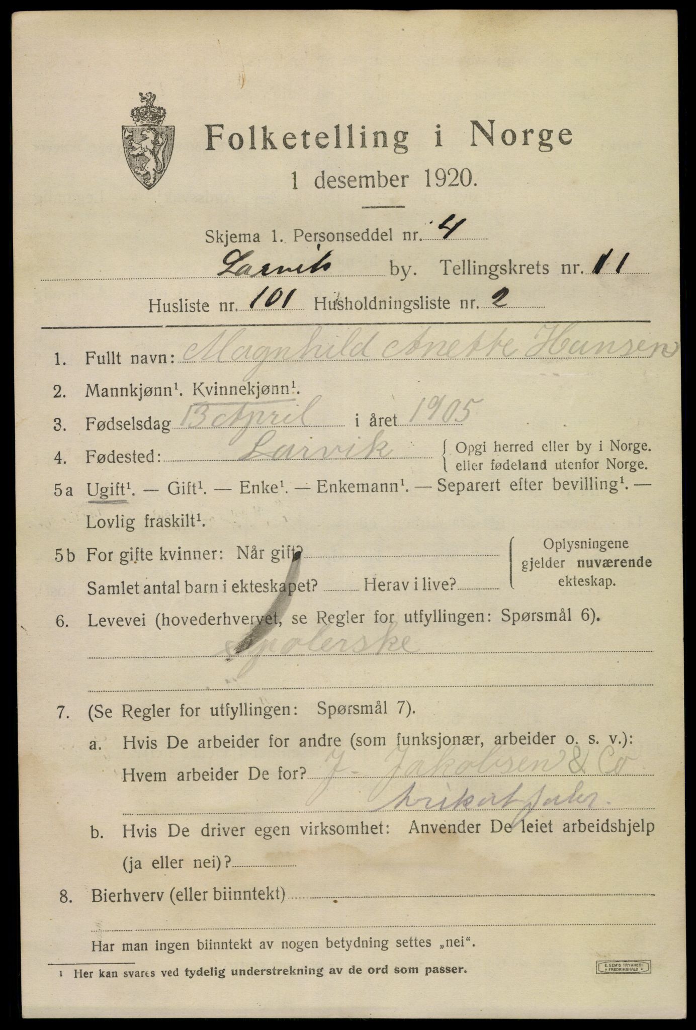 SAKO, 1920 census for Larvik, 1920, p. 30412