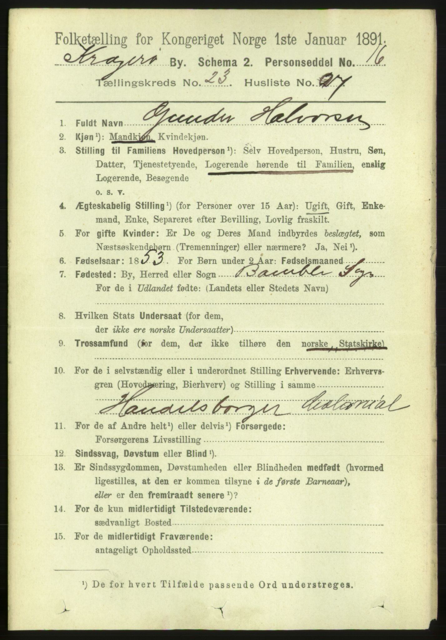 RA, 1891 census for 0801 Kragerø, 1891, p. 4977