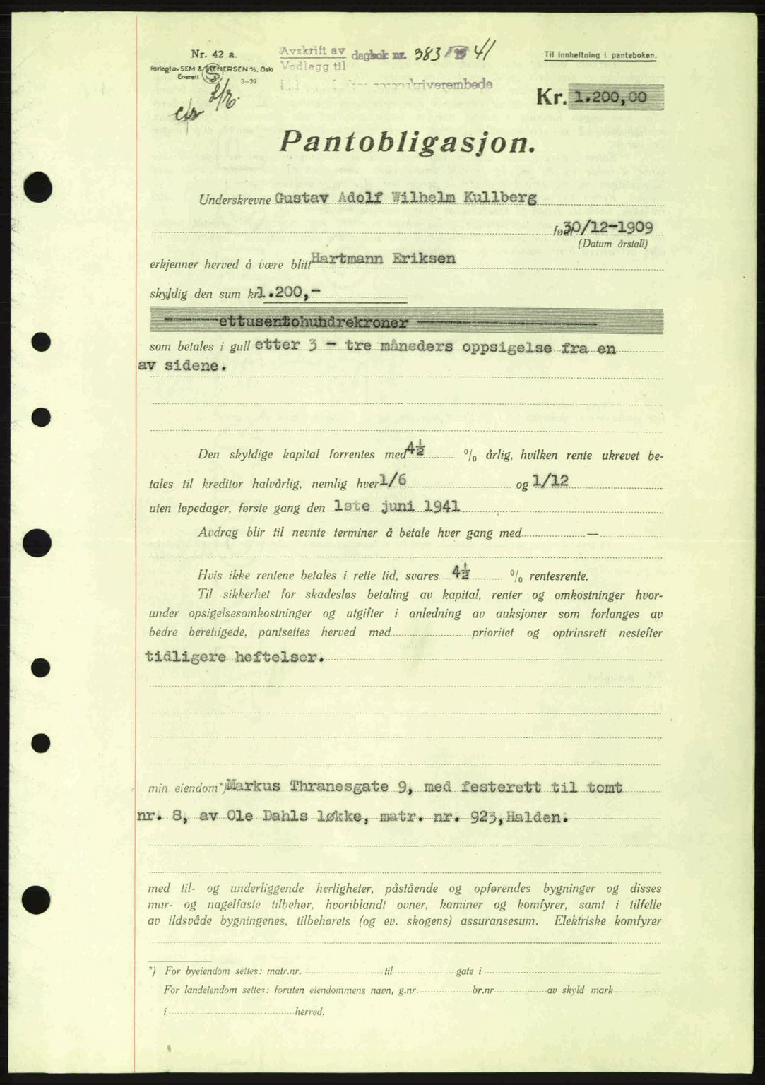 Idd og Marker sorenskriveri, AV/SAO-A-10283/G/Gb/Gbc/L0002: Mortgage book no. B4-9a, 1939-1945, Diary no: : 383/1941