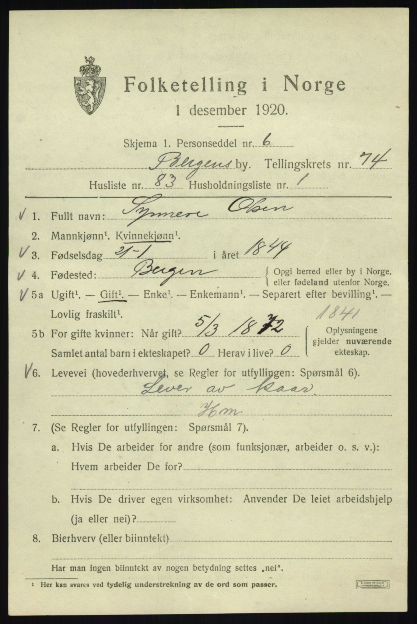 SAB, 1920 census for Bergen, 1920, p. 145257