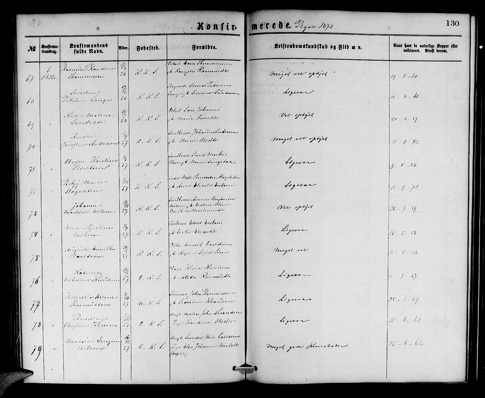 Korskirken sokneprestembete, AV/SAB-A-76101/H/Hab: Parish register (copy) no. C 2, 1869-1879, p. 130