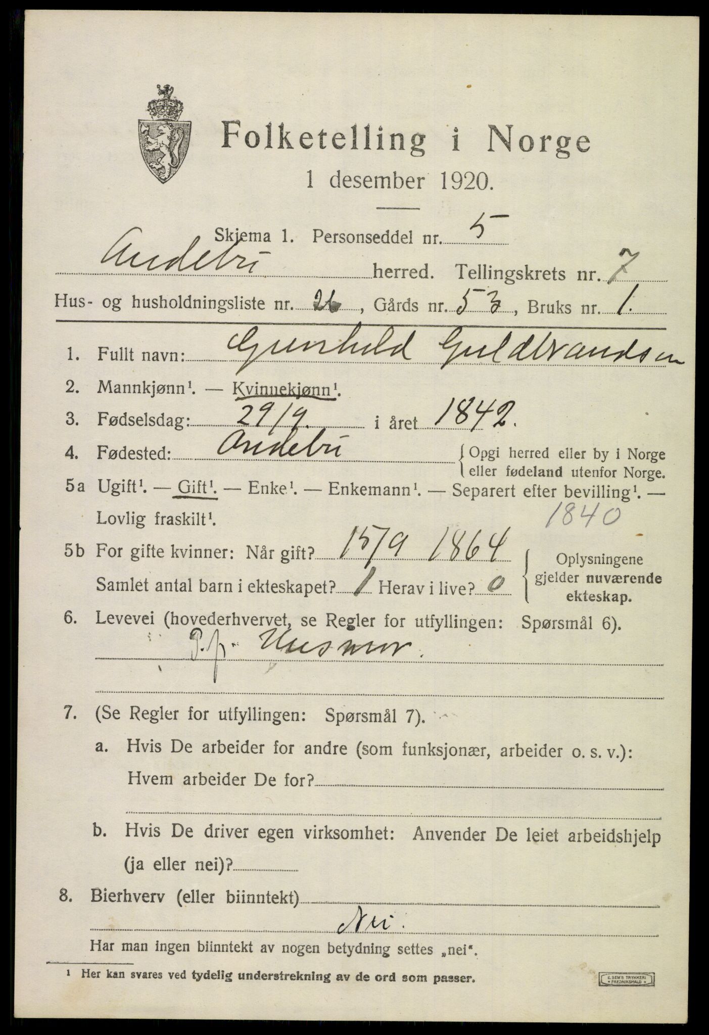 SAKO, 1920 census for Andebu, 1920, p. 3488