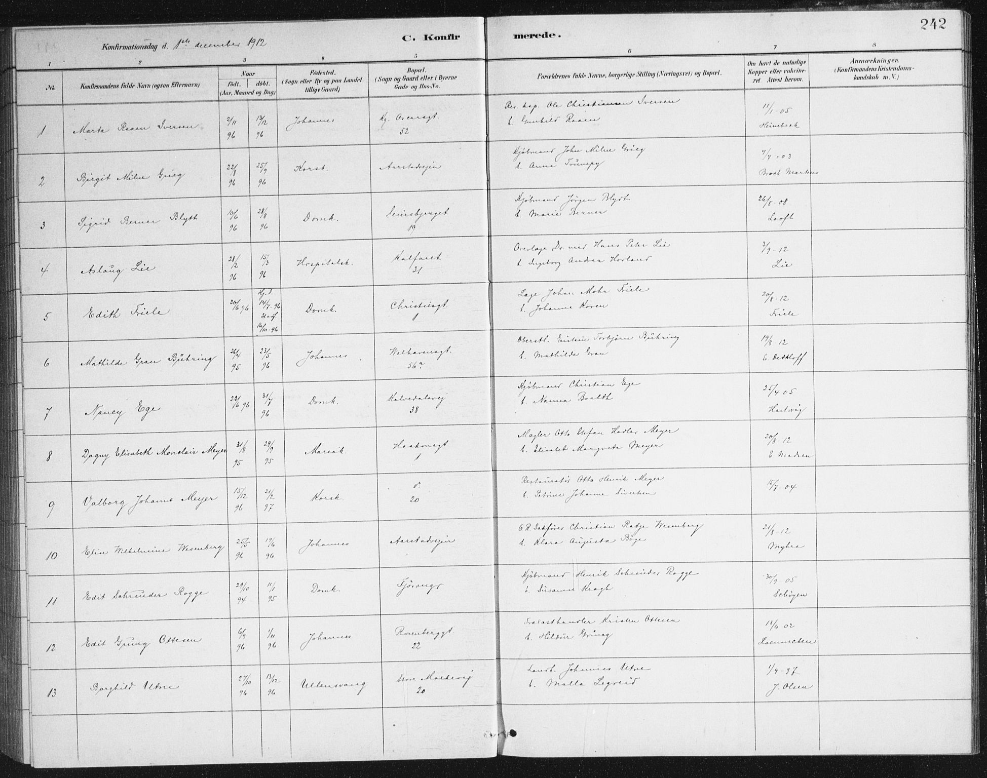 Domkirken sokneprestembete, SAB/A-74801/H/Haa/L0066: Curate's parish register no. A 4, 1880-1912, p. 242