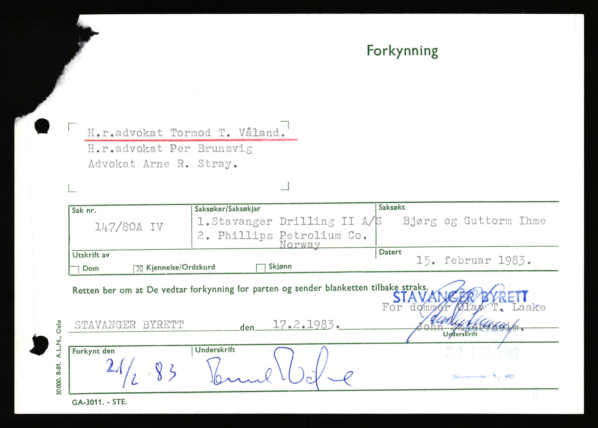 Stavanger byrett, AV/SAST-A-100455/003/F/Fh/Fhb/L0039h: A IV sak nr 147, 1980, p. 485