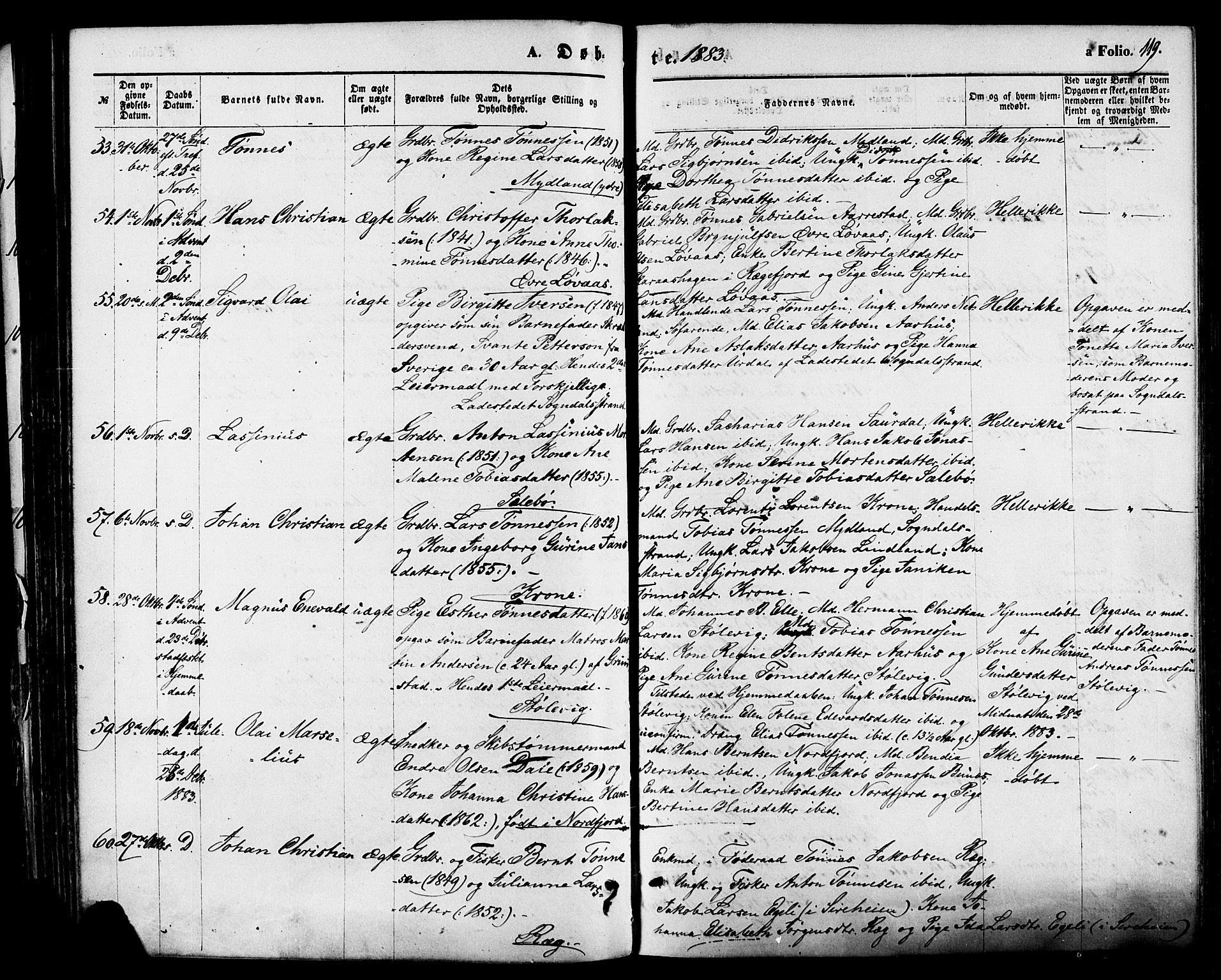 Sokndal sokneprestkontor, AV/SAST-A-101808: Parish register (official) no. A 10, 1874-1886, p. 119