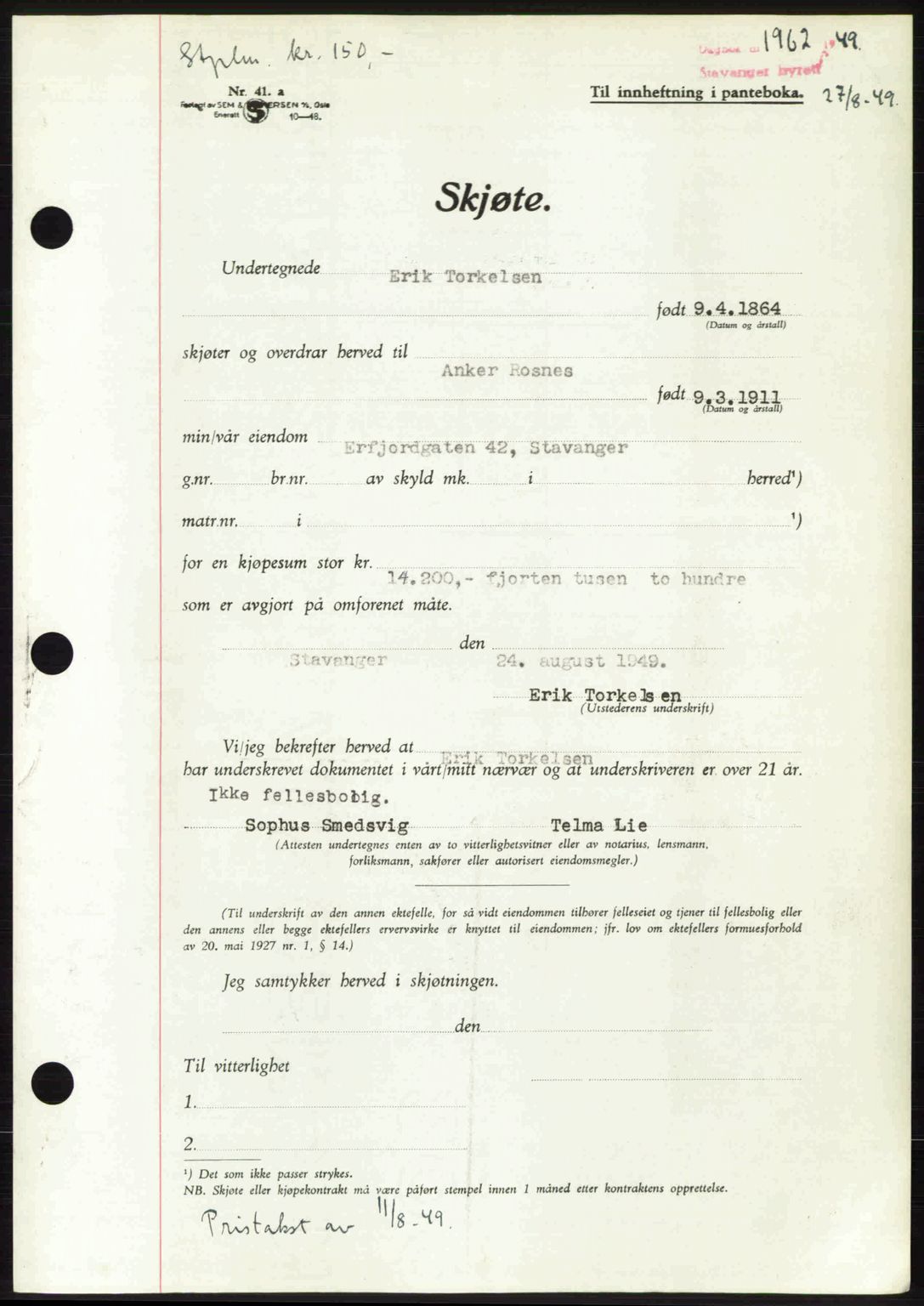 Stavanger byrett, SAST/A-100455/002/G/Gb/L0023: Mortgage book no. A12, 1948-1949, Diary no: : 1962/1949