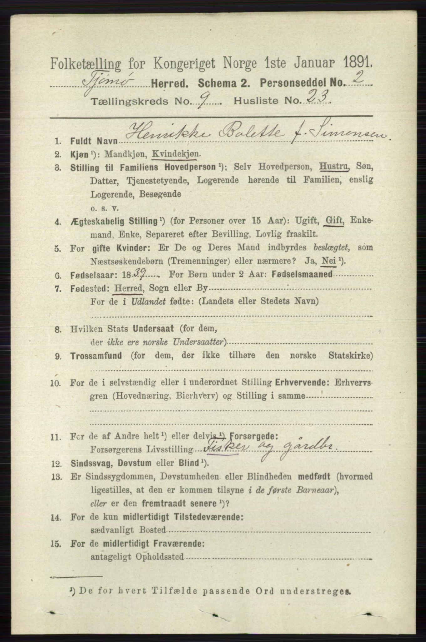 RA, 1891 census for 0723 Tjøme, 1891, p. 3364