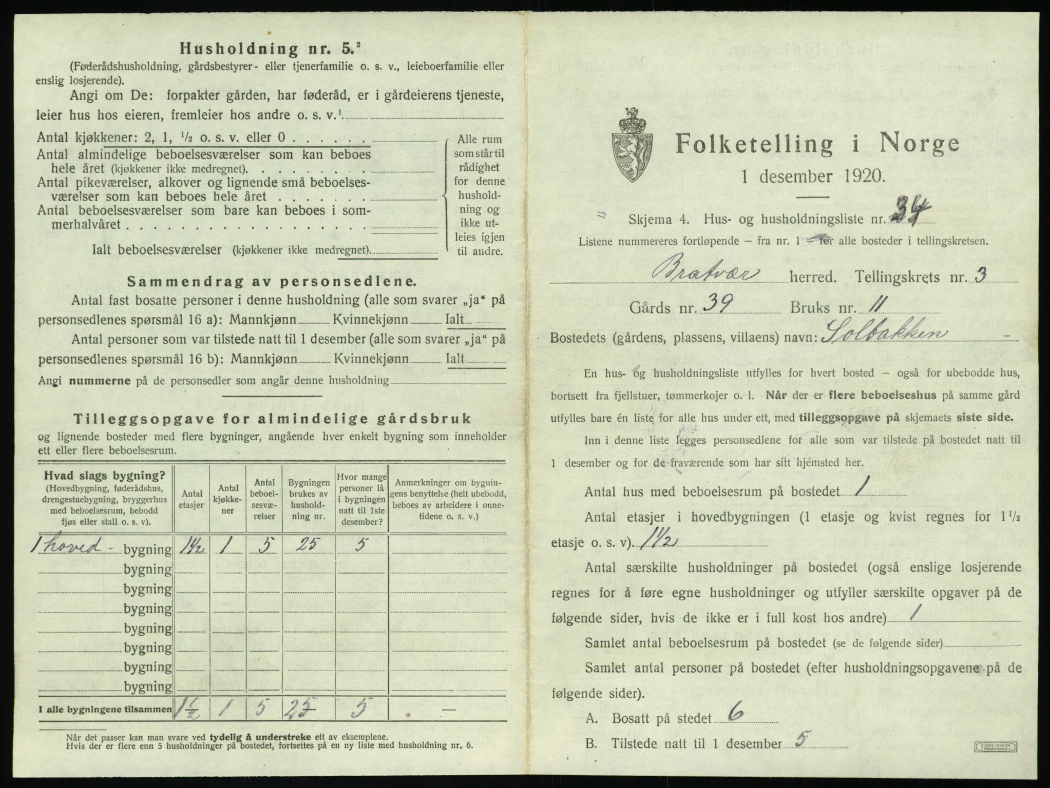 SAT, 1920 census for Brattvær, 1920, p. 184