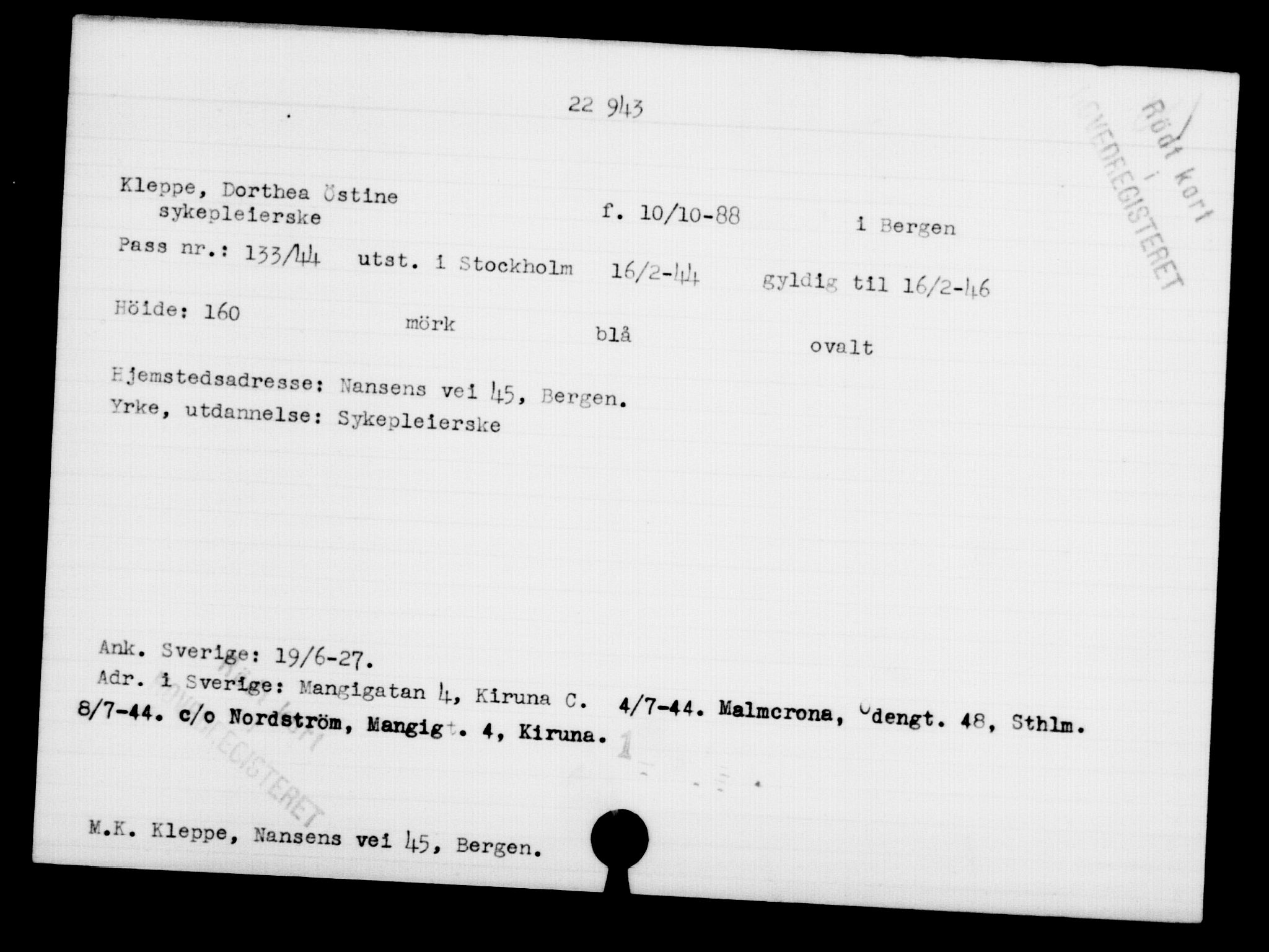 Den Kgl. Norske Legasjons Flyktningskontor, RA/S-6753/V/Va/L0010: Kjesäterkartoteket.  Flyktningenr. 22000-25314, 1940-1945, p. 1021