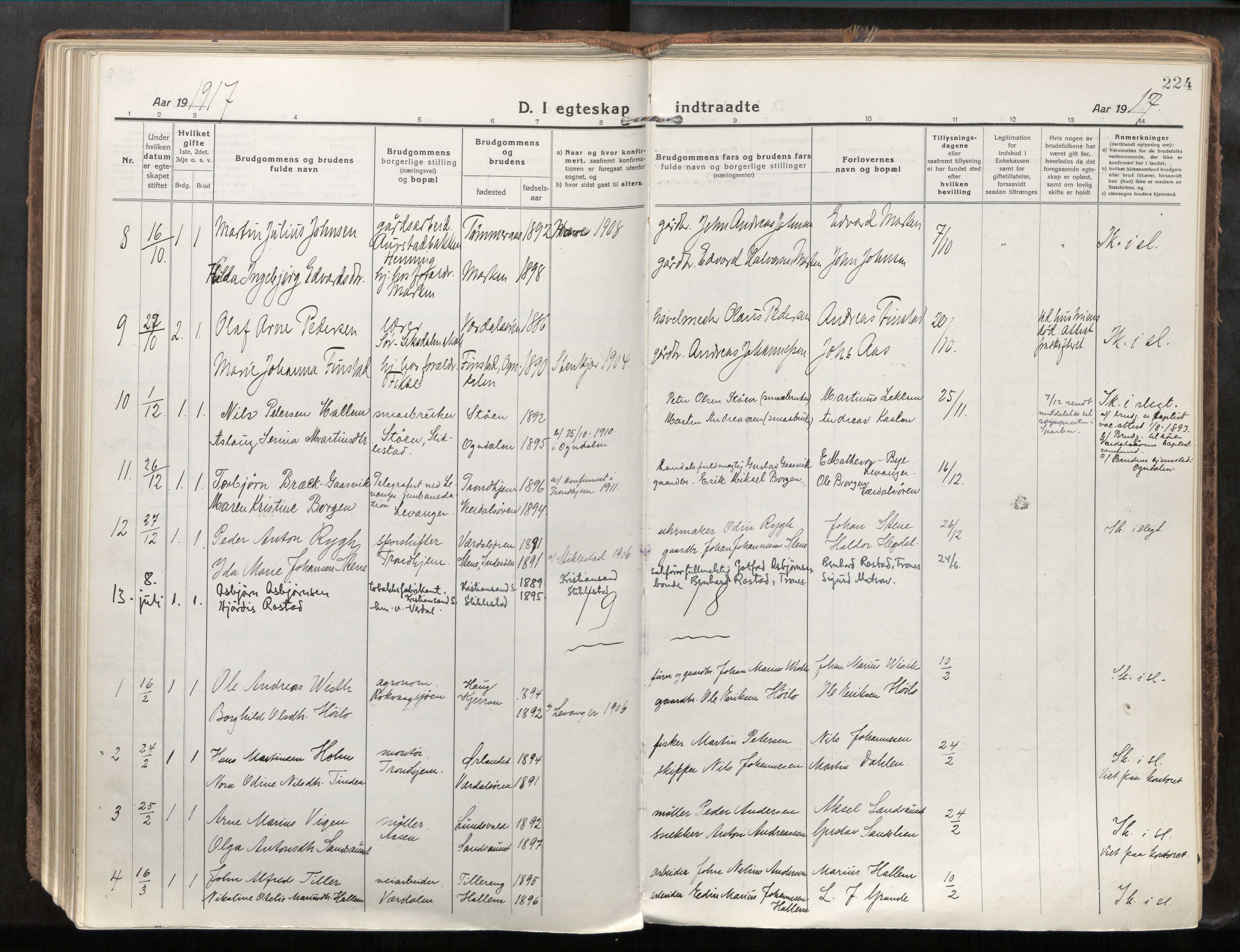 Verdal sokneprestkontor, SAT/A-1156/2/H/Haa/L0001: Parish register (official) no. 1, 1917-1932, p. 224