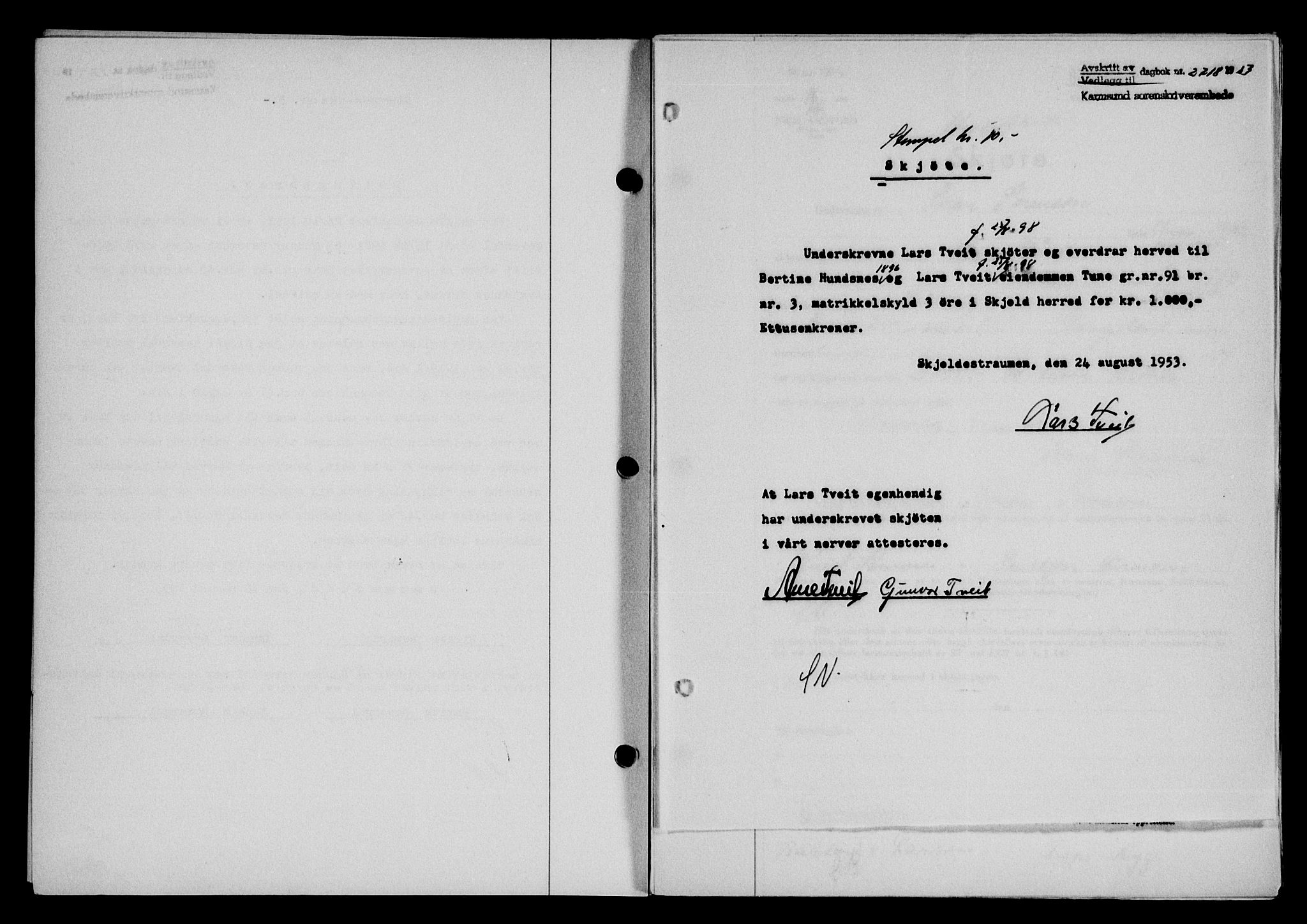 Karmsund sorenskriveri, SAST/A-100311/01/II/IIB/L0109: Mortgage book no. 89A, 1953-1953, Diary no: : 2718/1953
