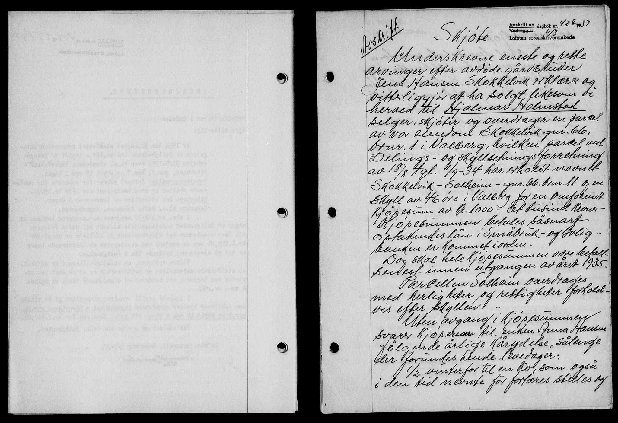 Lofoten sorenskriveri, SAT/A-0017/1/2/2C/L0002a: Mortgage book no. 2a, 1937-1937, Diary no: : 428/1937