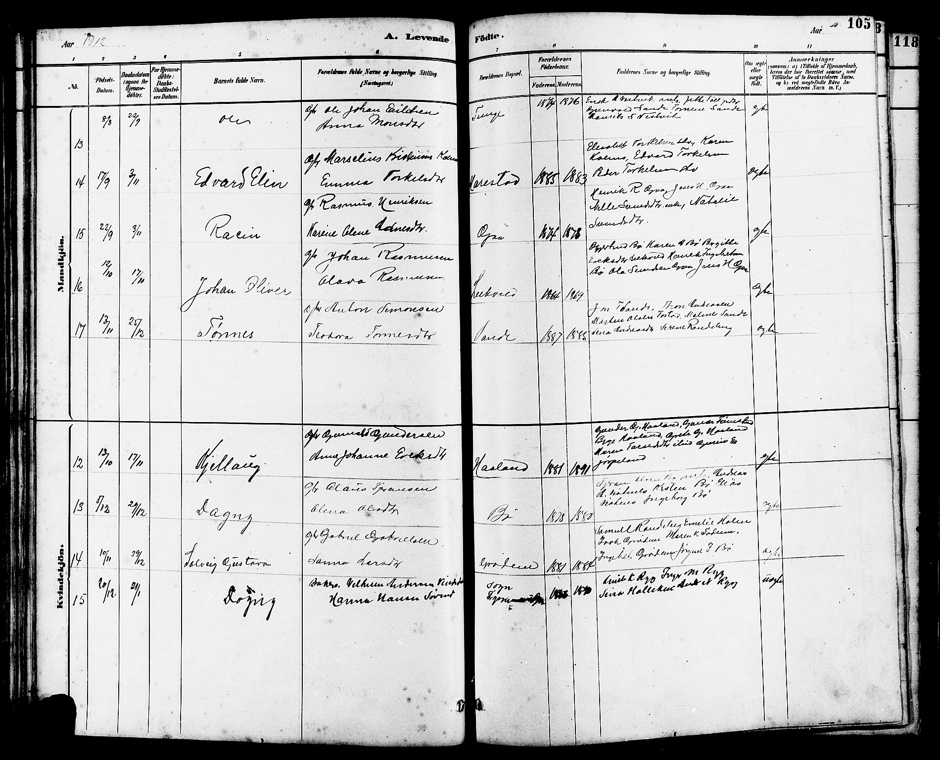 Hetland sokneprestkontor, AV/SAST-A-101826/30/30BB/L0006: Parish register (copy) no. B 6, 1878-1921, p. 105