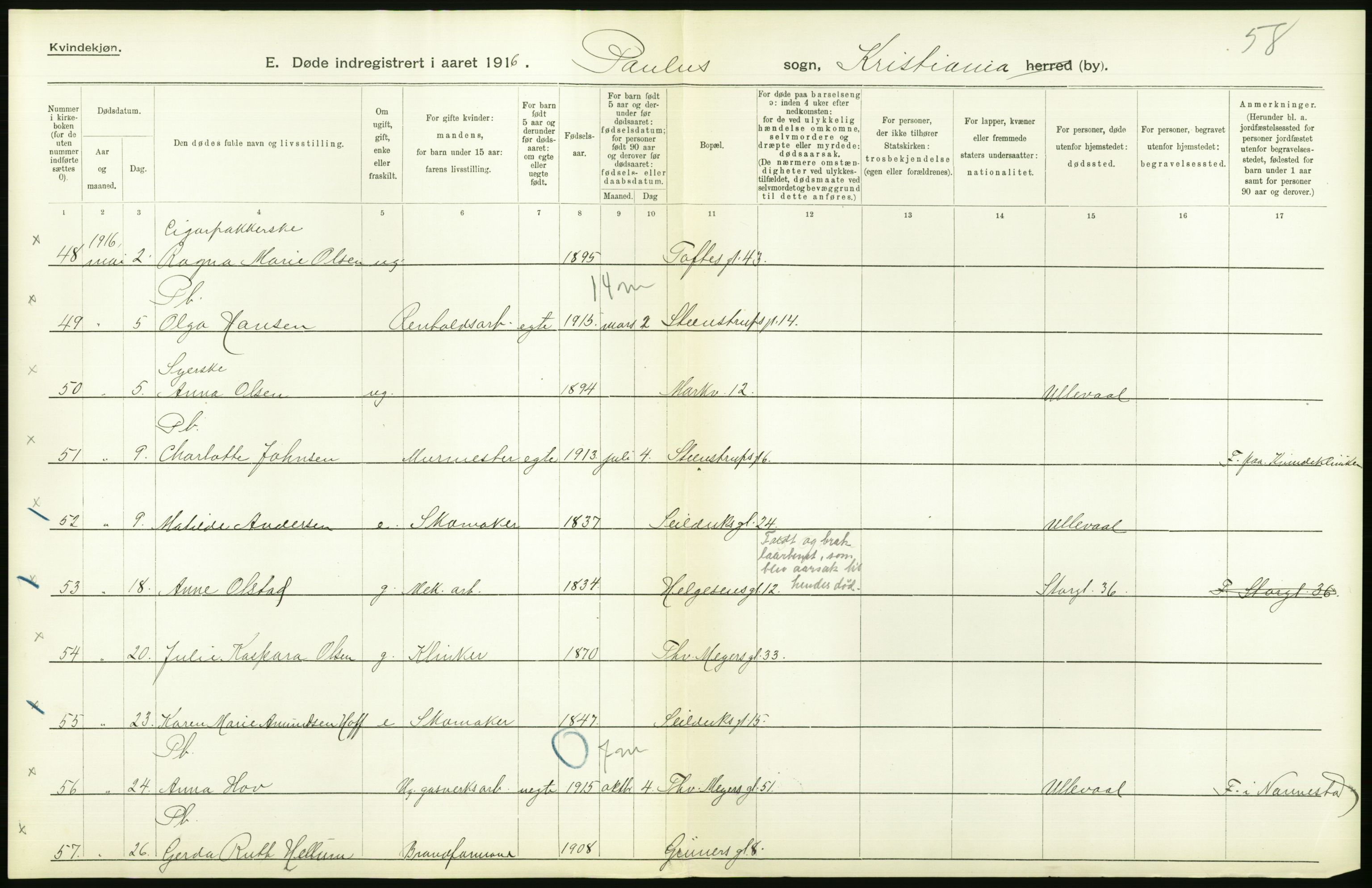 Statistisk sentralbyrå, Sosiodemografiske emner, Befolkning, AV/RA-S-2228/D/Df/Dfb/Dfbf/L0009: Kristiania: Døde., 1916, p. 14