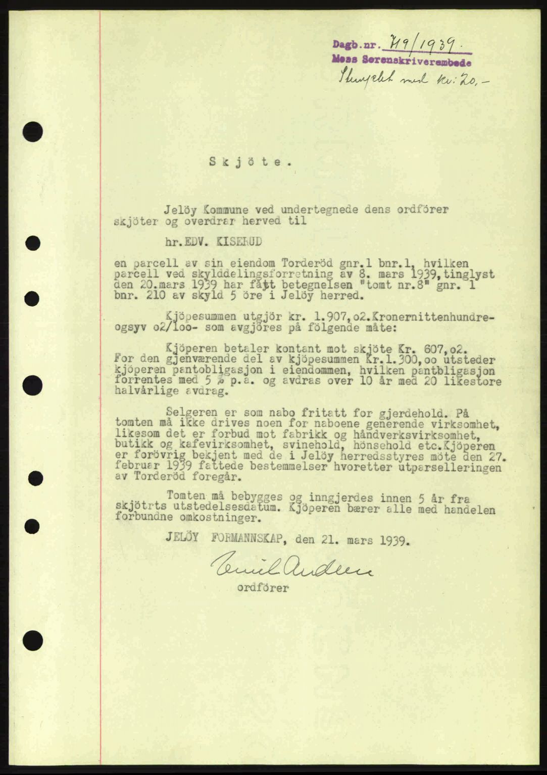 Moss sorenskriveri, SAO/A-10168: Mortgage book no. A5, 1938-1939, Diary no: : 719/1939